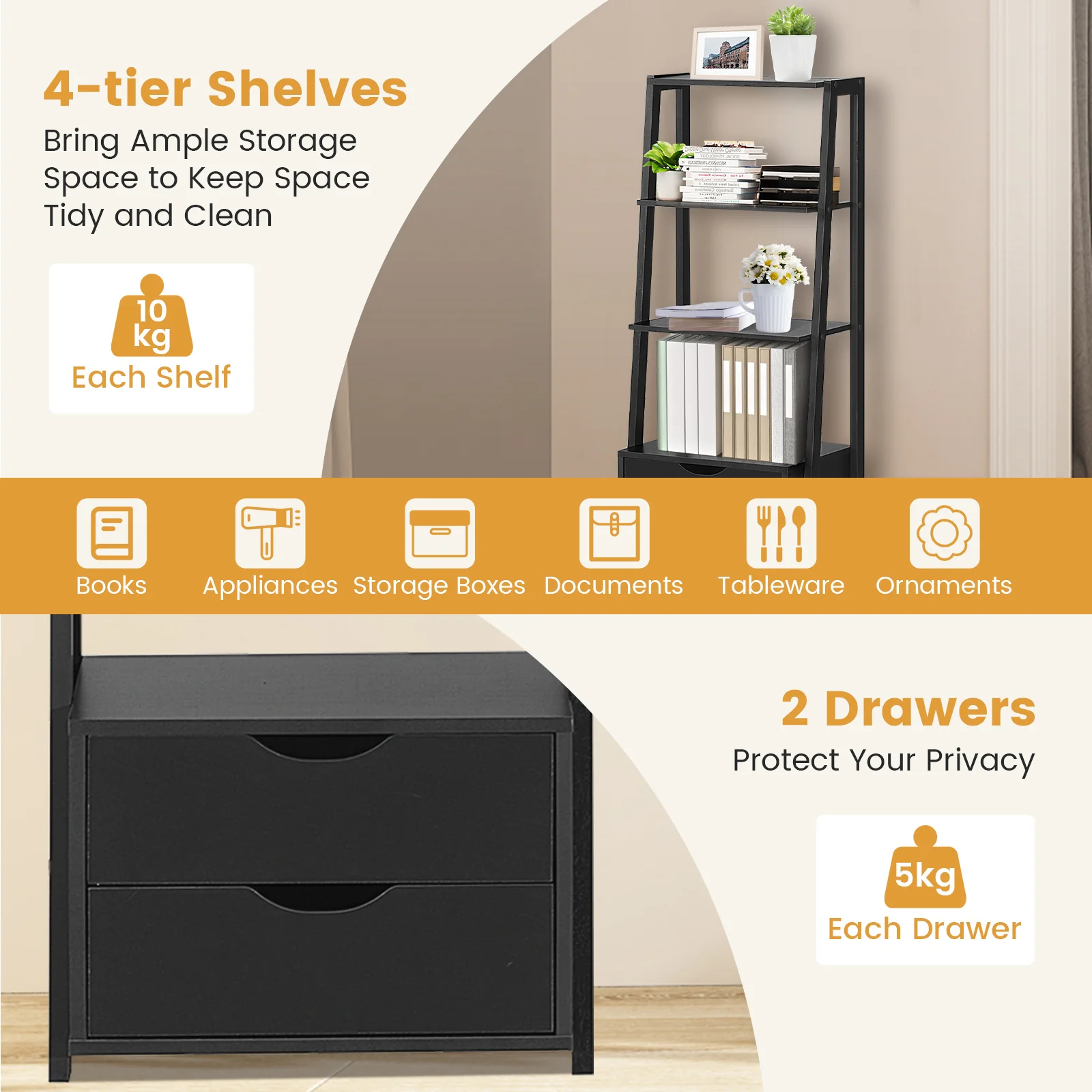 4-Tier Ladder Bookshelf With 2 Drawers, Black - Image 7