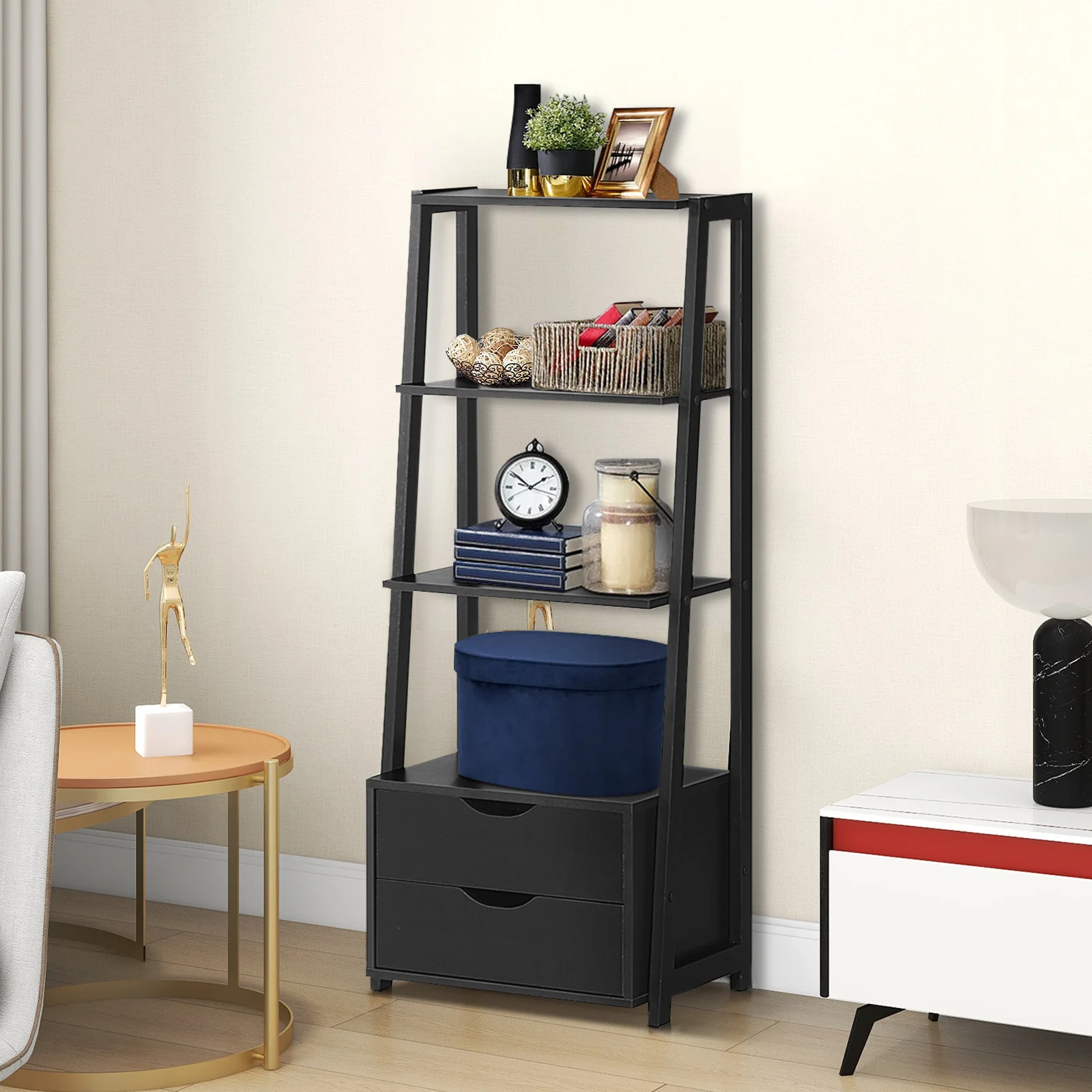 4-Tier Ladder Bookshelf With 2 Drawers, Black - Image 8