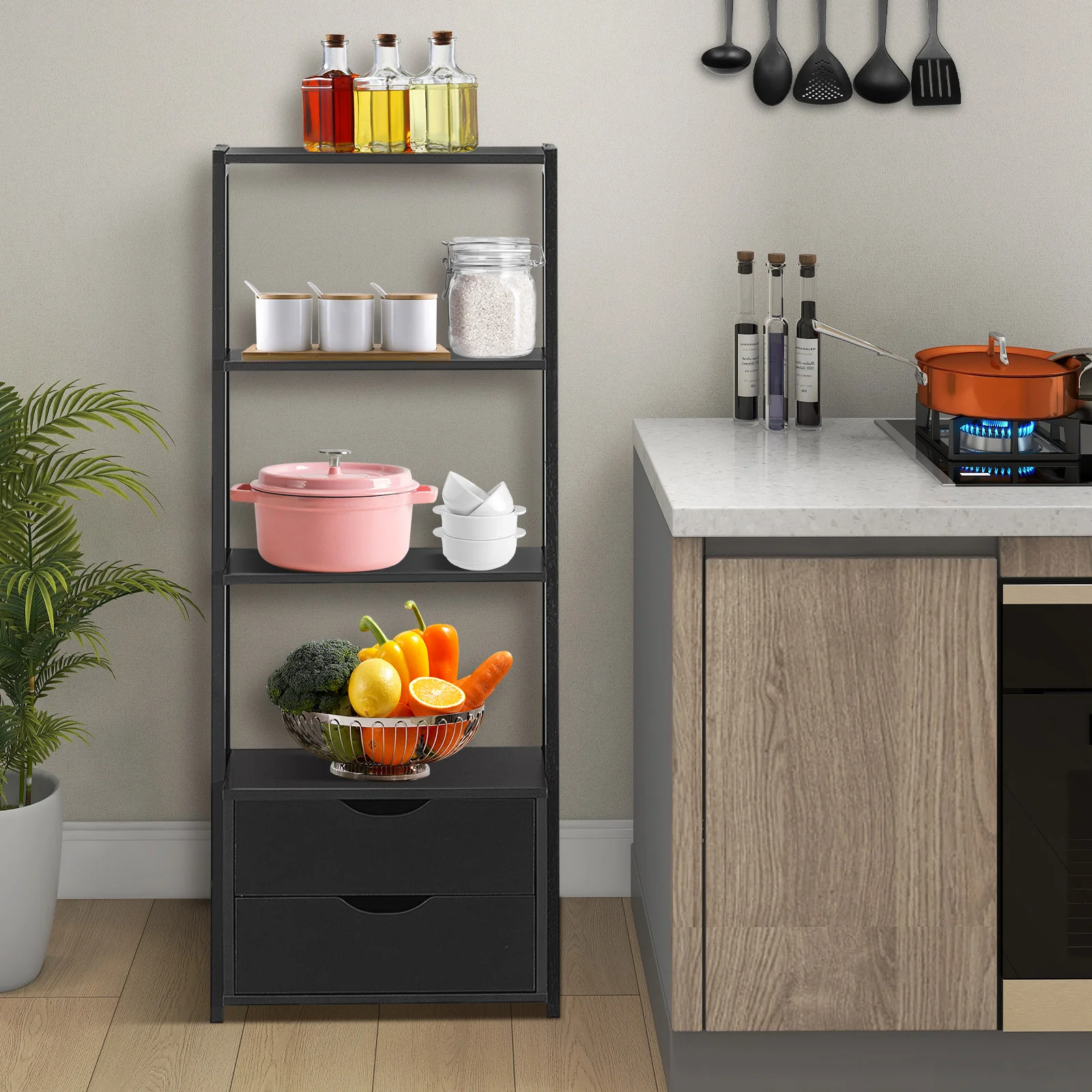 4-Tier Ladder Bookshelf With 2 Drawers, Black - Image 9