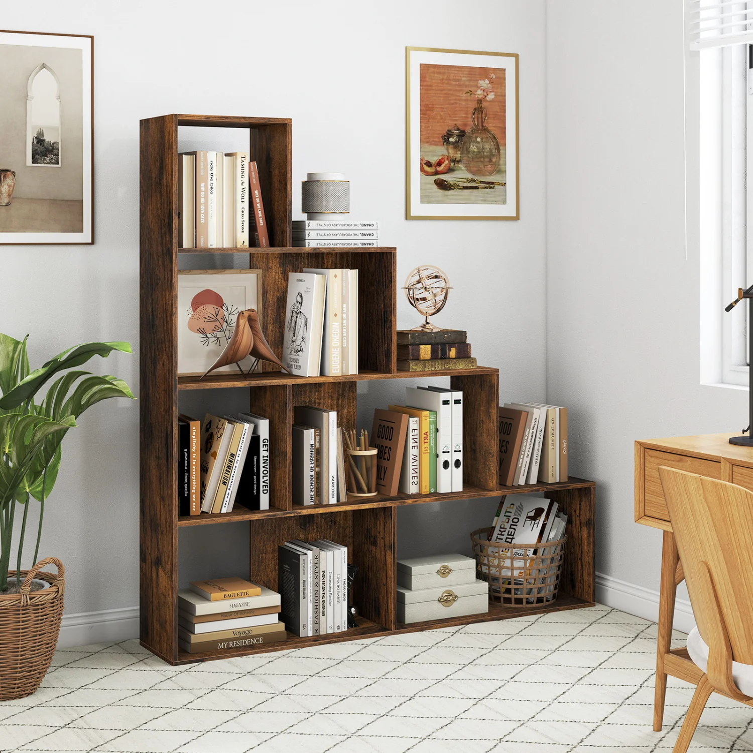 4-Tier Ladder Bookshelf with 6 Cubes, Rustic Brown - Image 2