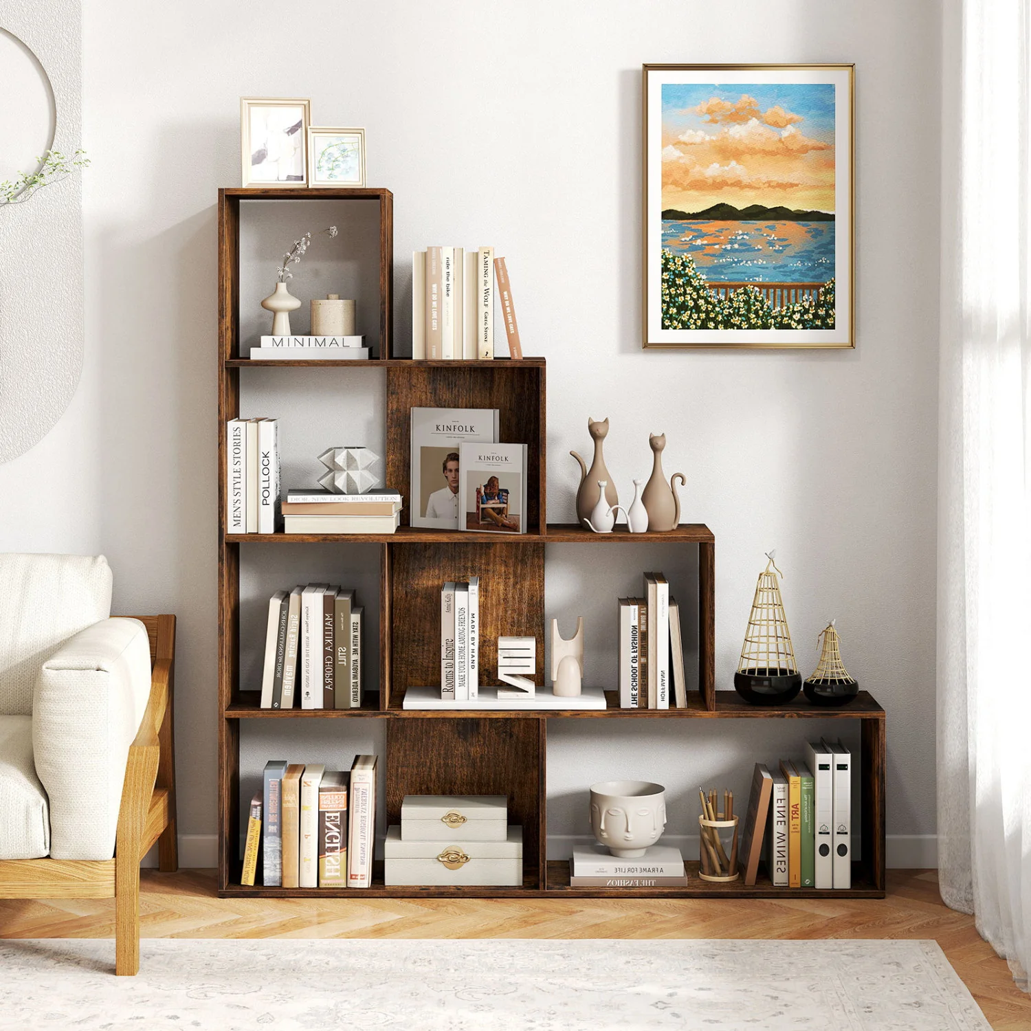 4-Tier Ladder Bookshelf with 6 Cubes, Rustic Brown - Image 3