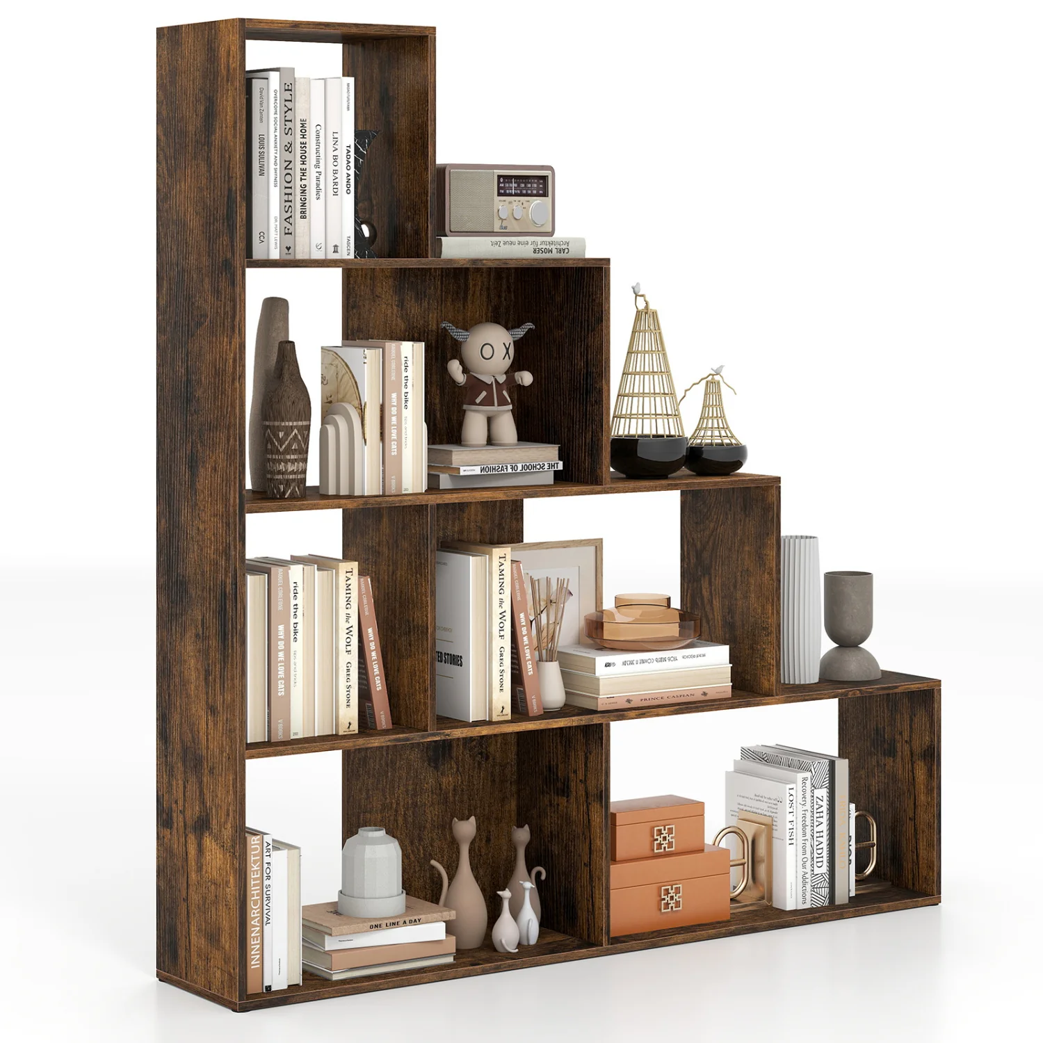 4-Tier Ladder Bookshelf with 6 Cubes, Rustic Brown - Image 4