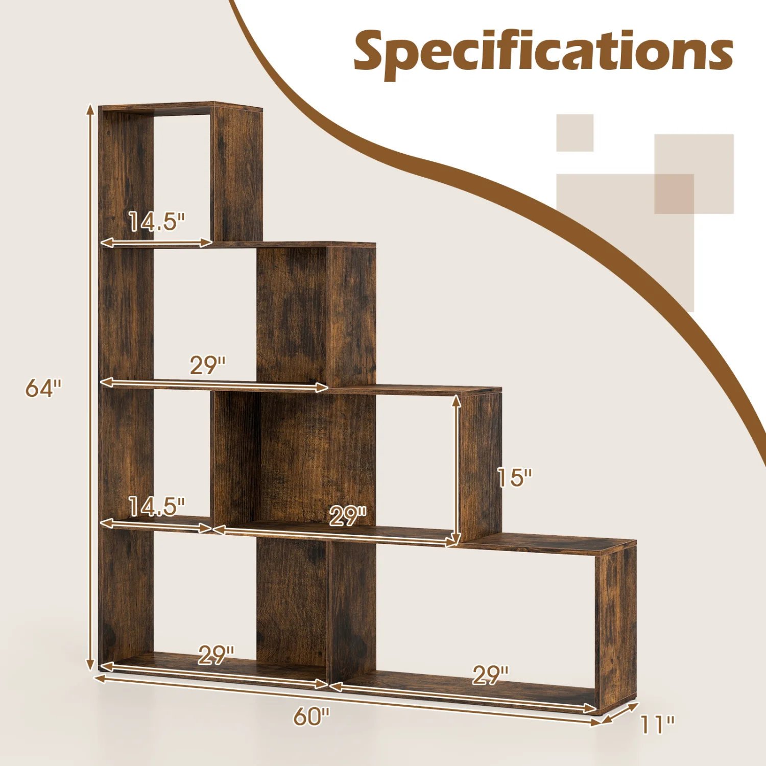 4-Tier Ladder Bookshelf with 6 Cubes, Rustic Brown - Image 5