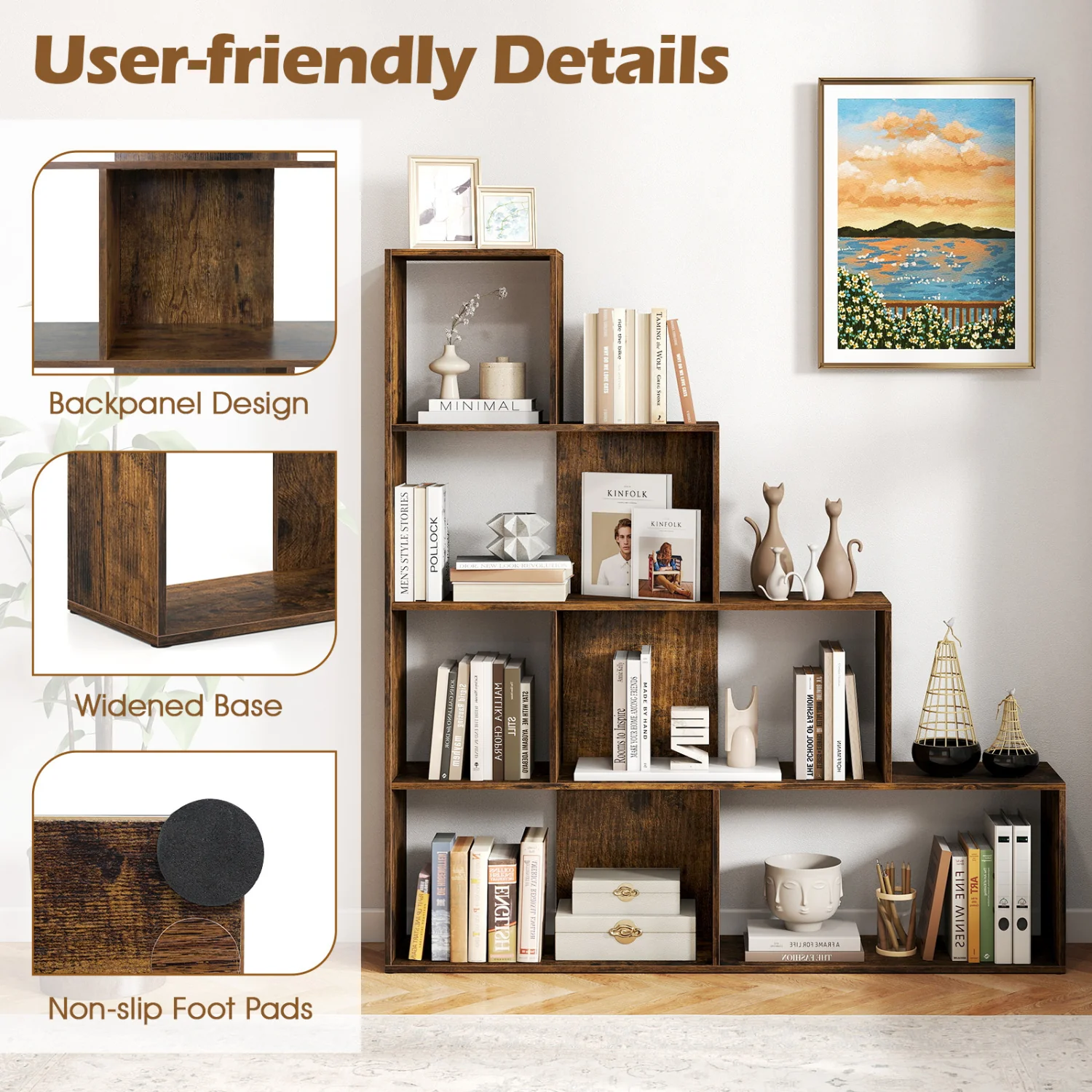 4-Tier Ladder Bookshelf with 6 Cubes, Rustic Brown - Image 6