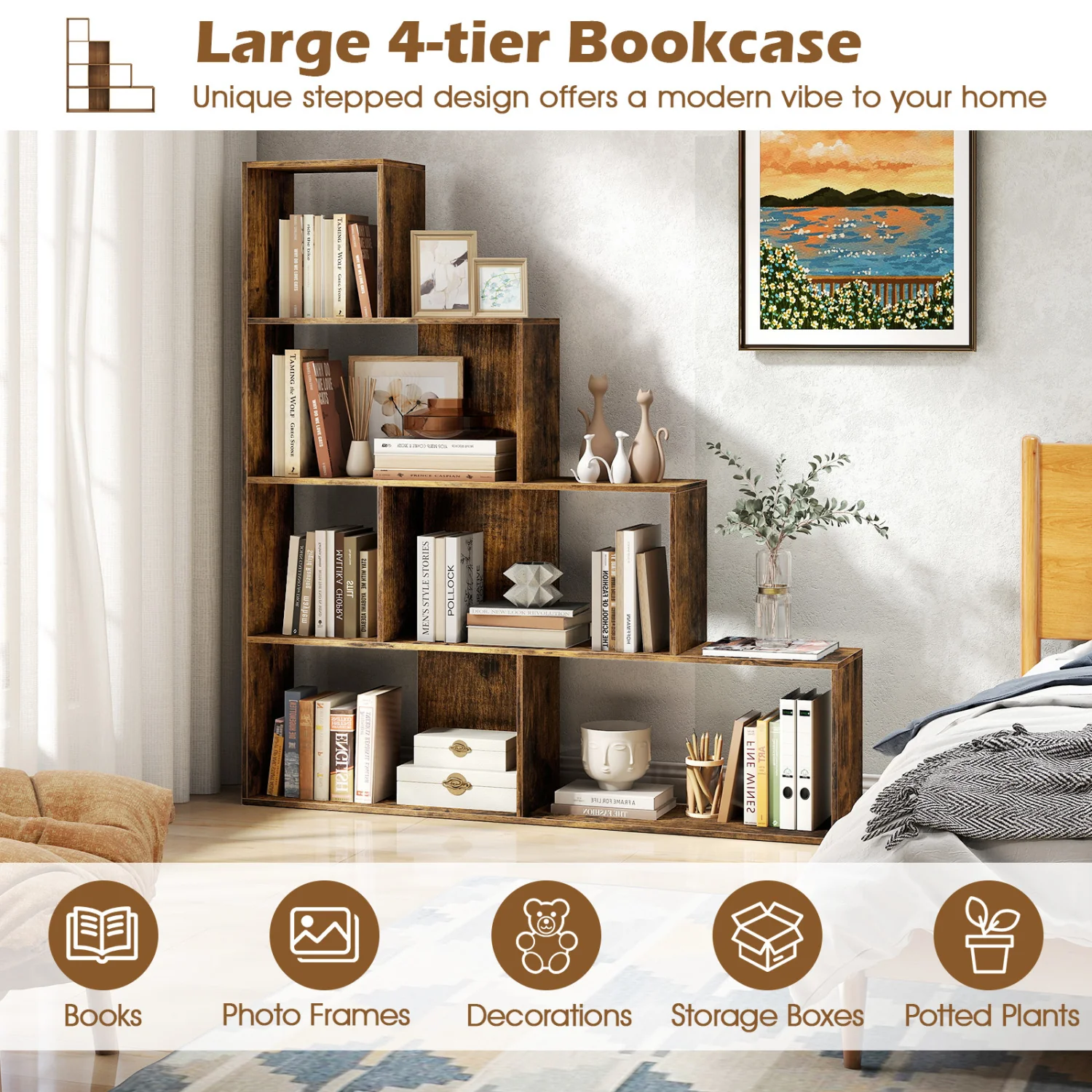 4-Tier Ladder Bookshelf with 6 Cubes, Rustic Brown - Image 7