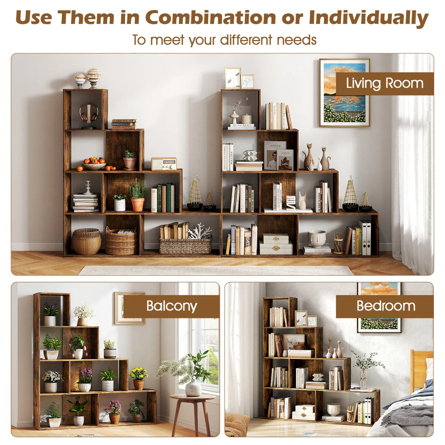 4-Tier Ladder Bookshelf with 6 Cubes, Rustic Brown - Image 9