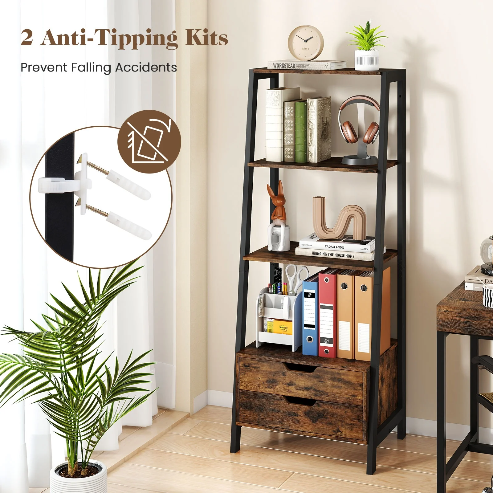4-Tier Ladder Shelf With 2 Drawers, 52.5 Inch Tall, Brown - Image 10