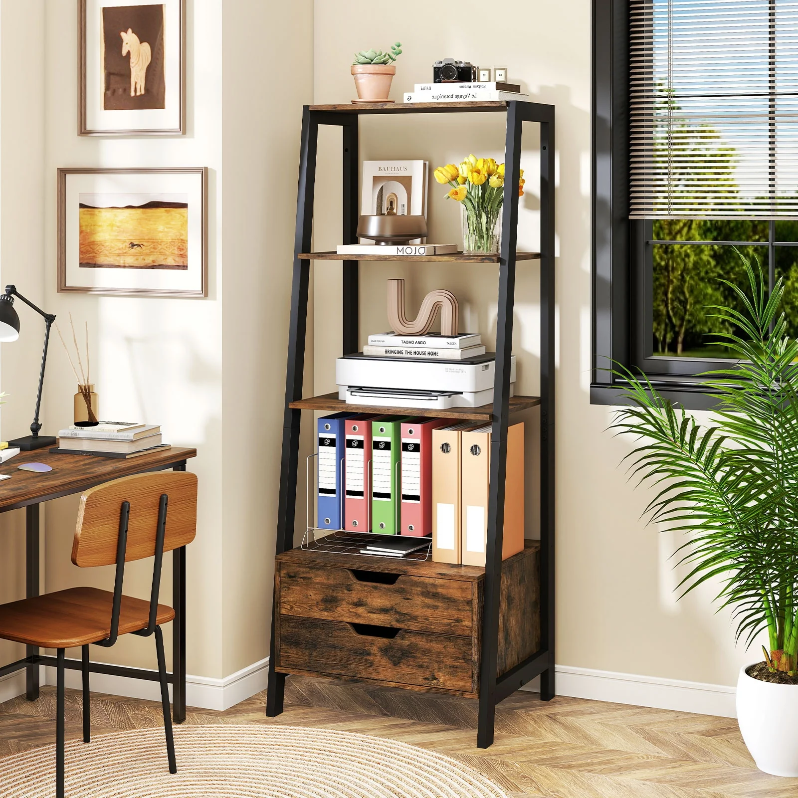 4-Tier Ladder Shelf With 2 Drawers, 52.5 Inch Tall, Brown - Image 2