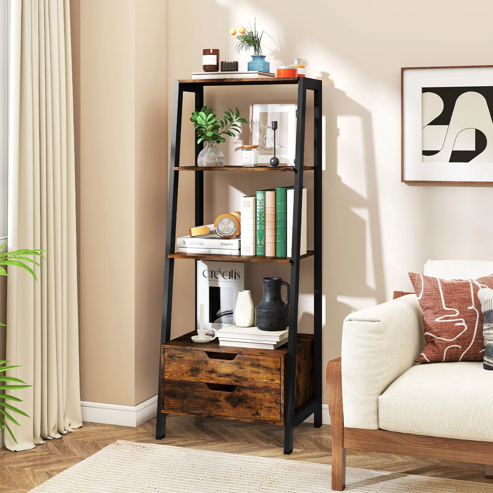 4-Tier Ladder Shelf With 2 Drawers, 52.5 Inch Tall, Brown - Image 3