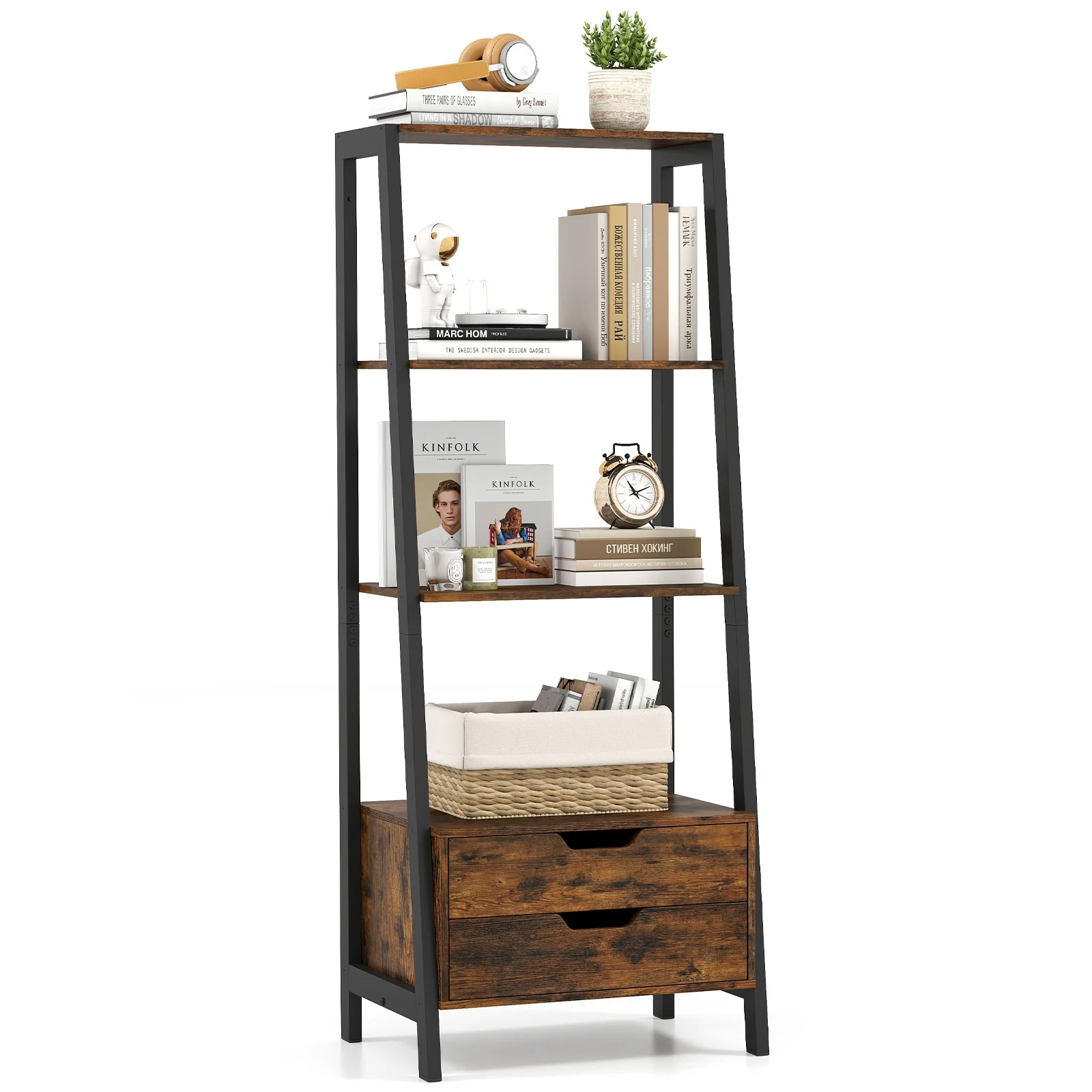 4-Tier Ladder Shelf With 2 Drawers, 52.5 Inch Tall, Brown - Image 4