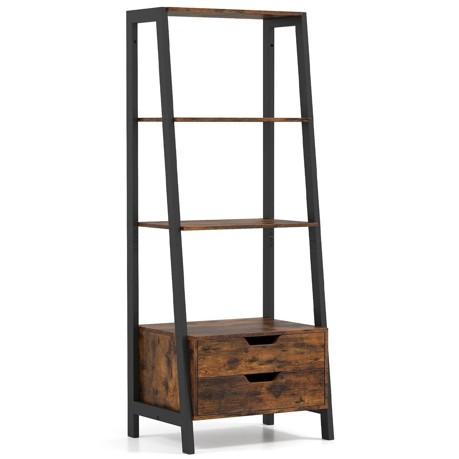 4-Tier Ladder Shelf With 2 Drawers, 52.5 Inch Tall, Brown - Image 5