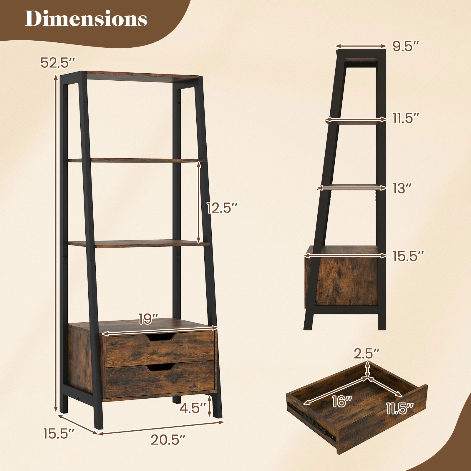 4-Tier Ladder Shelf With 2 Drawers, 52.5 Inch Tall, Brown - Image 6