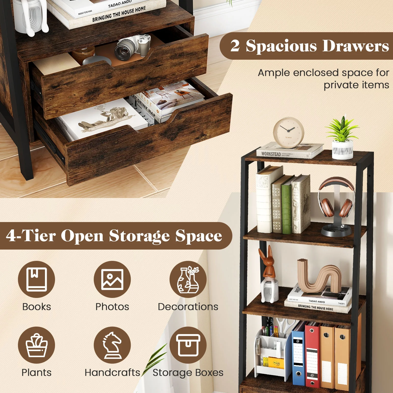 4-Tier Ladder Shelf With 2 Drawers, 52.5 Inch Tall, Brown - Image 8