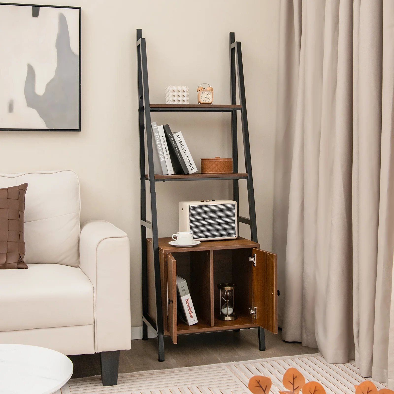 4-Tier Ladder Shelf With Cabinet, Metal Frame, Rustic Brown - Image 2