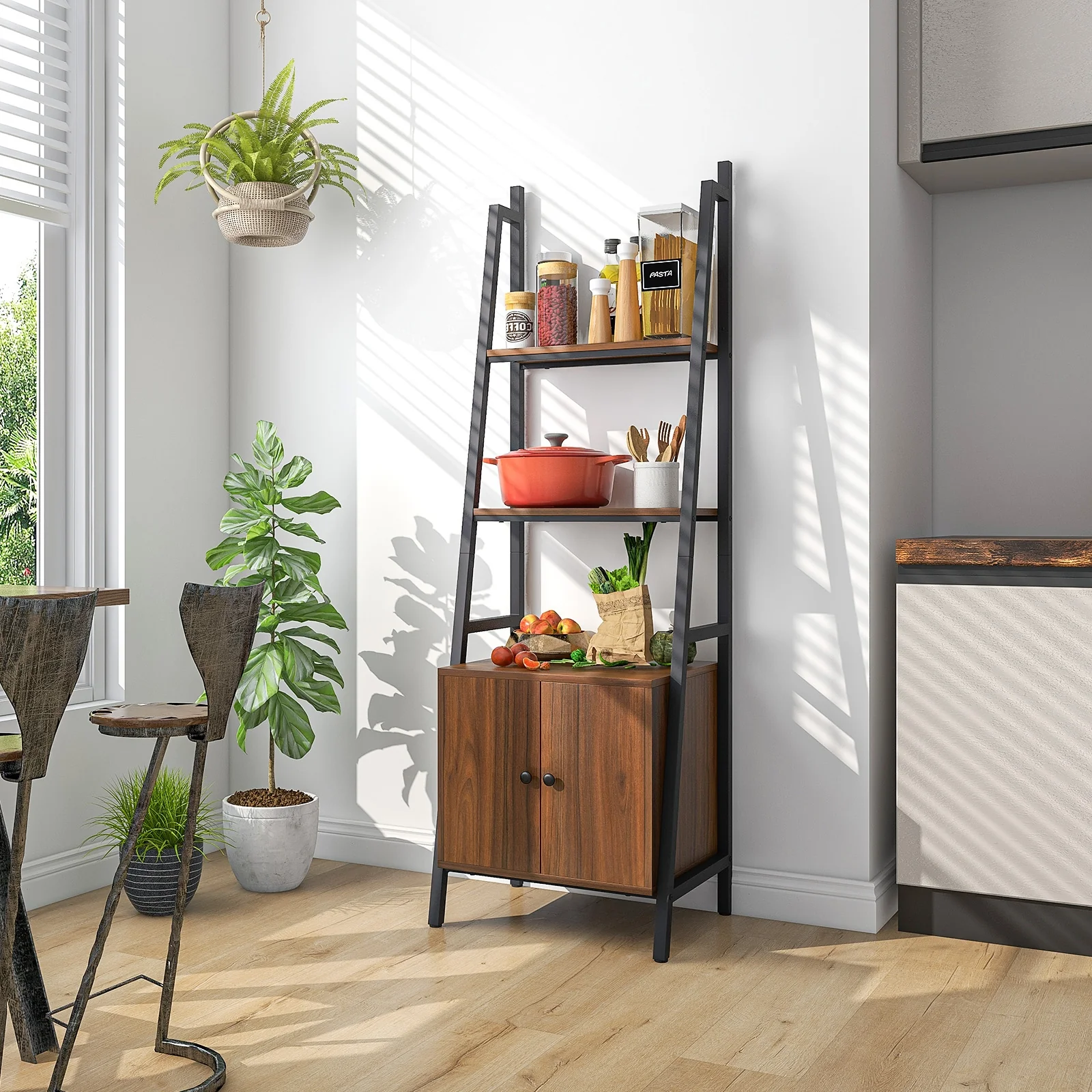 4-Tier Ladder Shelf With Cabinet, Metal Frame, Rustic Brown - Image 3