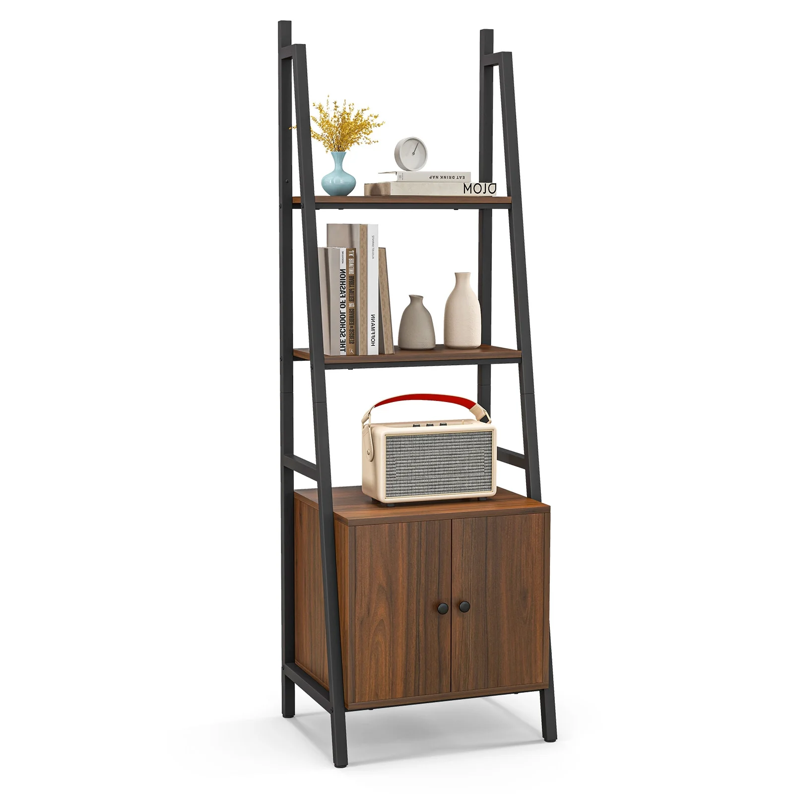 4-Tier Ladder Shelf With Cabinet, Metal Frame, Rustic Brown - Image 4