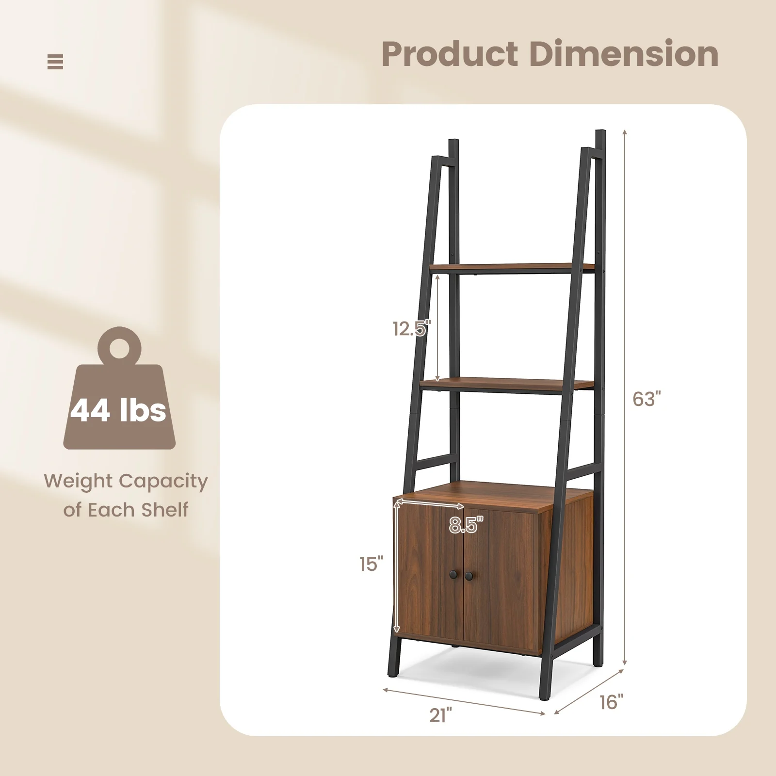 4-Tier Ladder Shelf With Cabinet, Metal Frame, Rustic Brown - Image 6