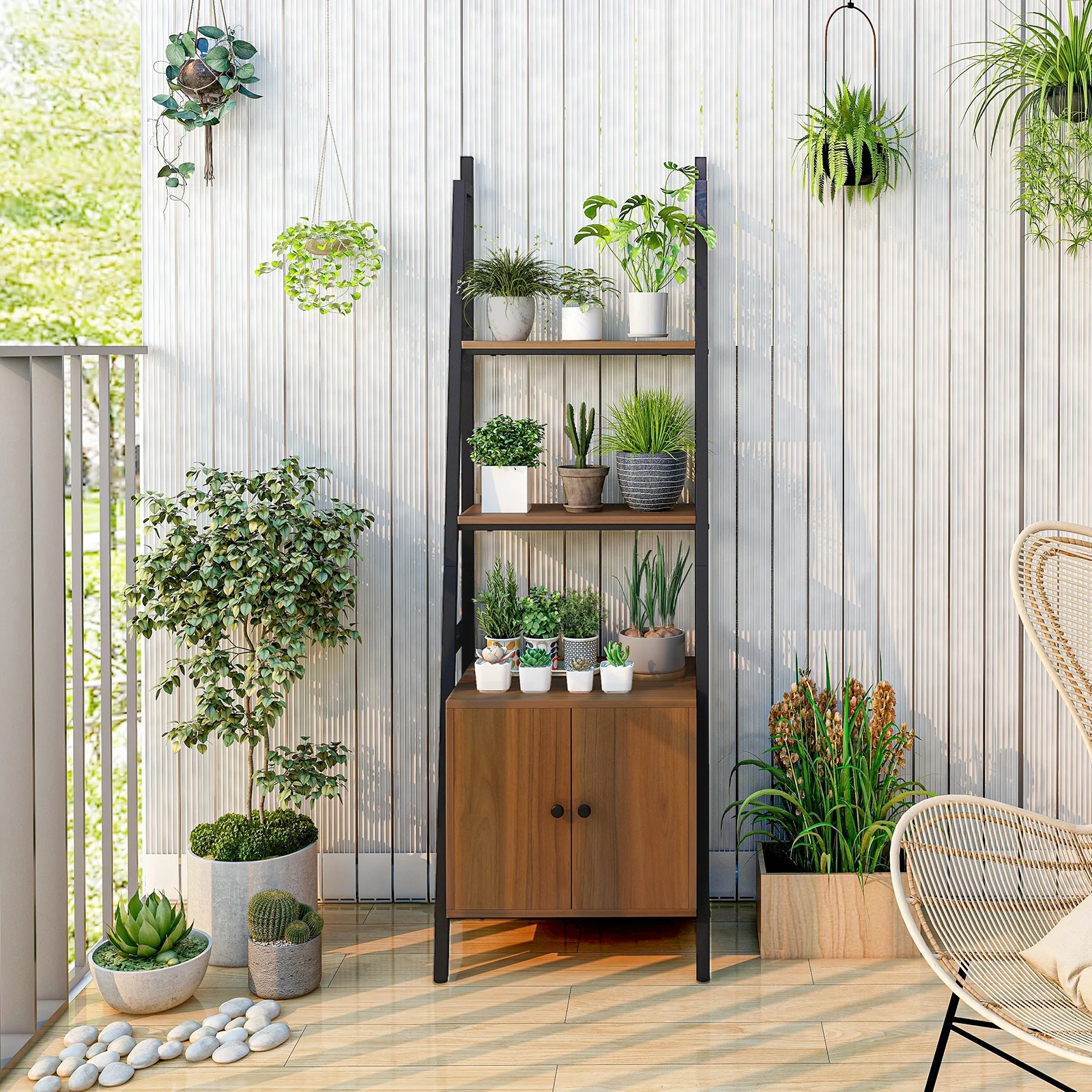 4-Tier Ladder Shelf With Cabinet, Metal Frame, Rustic Brown - Image 7