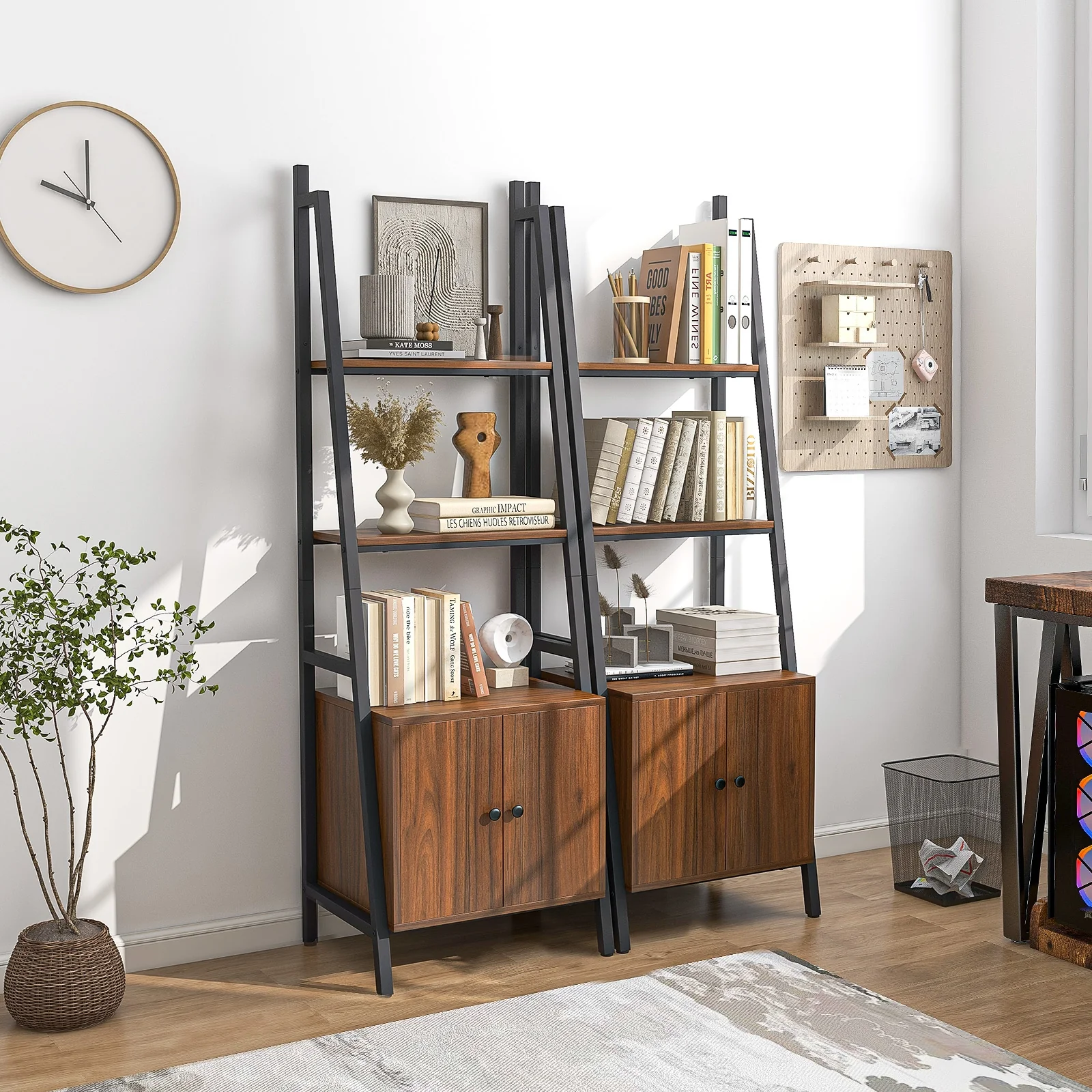 4-Tier Ladder Shelf With Cabinet, Metal Frame, Rustic Brown - Image 8