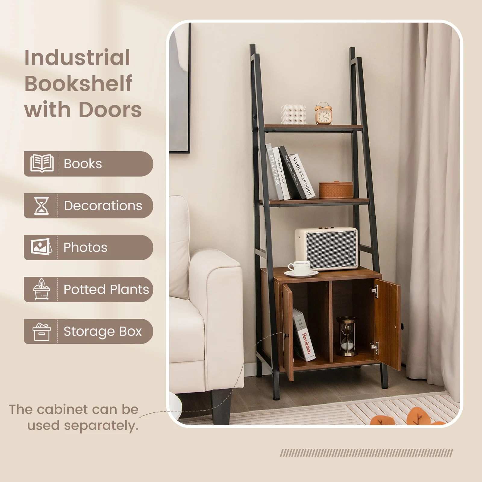 4-Tier Ladder Shelf With Cabinet, Metal Frame, Rustic Brown - Image 9