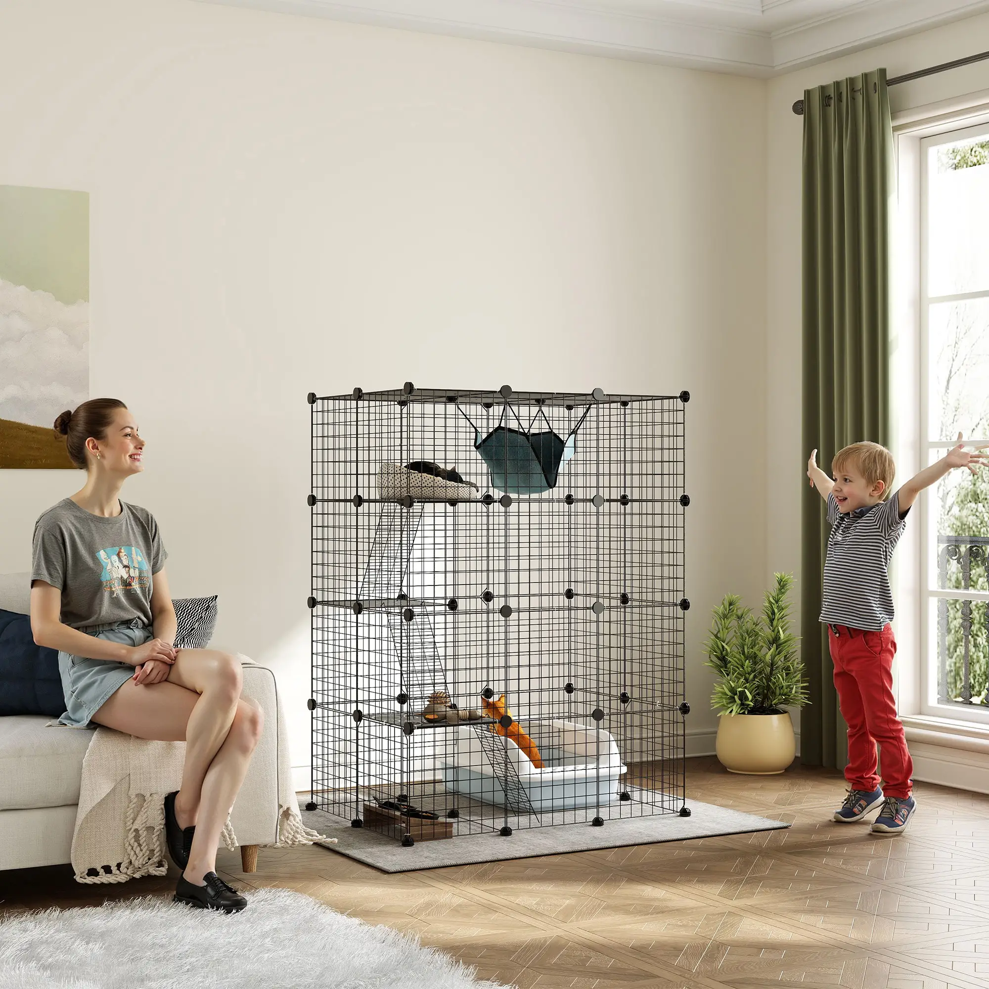 4-Tier Large Cat Cage with Hammock, Platforms, Ramps, Black - Image 2