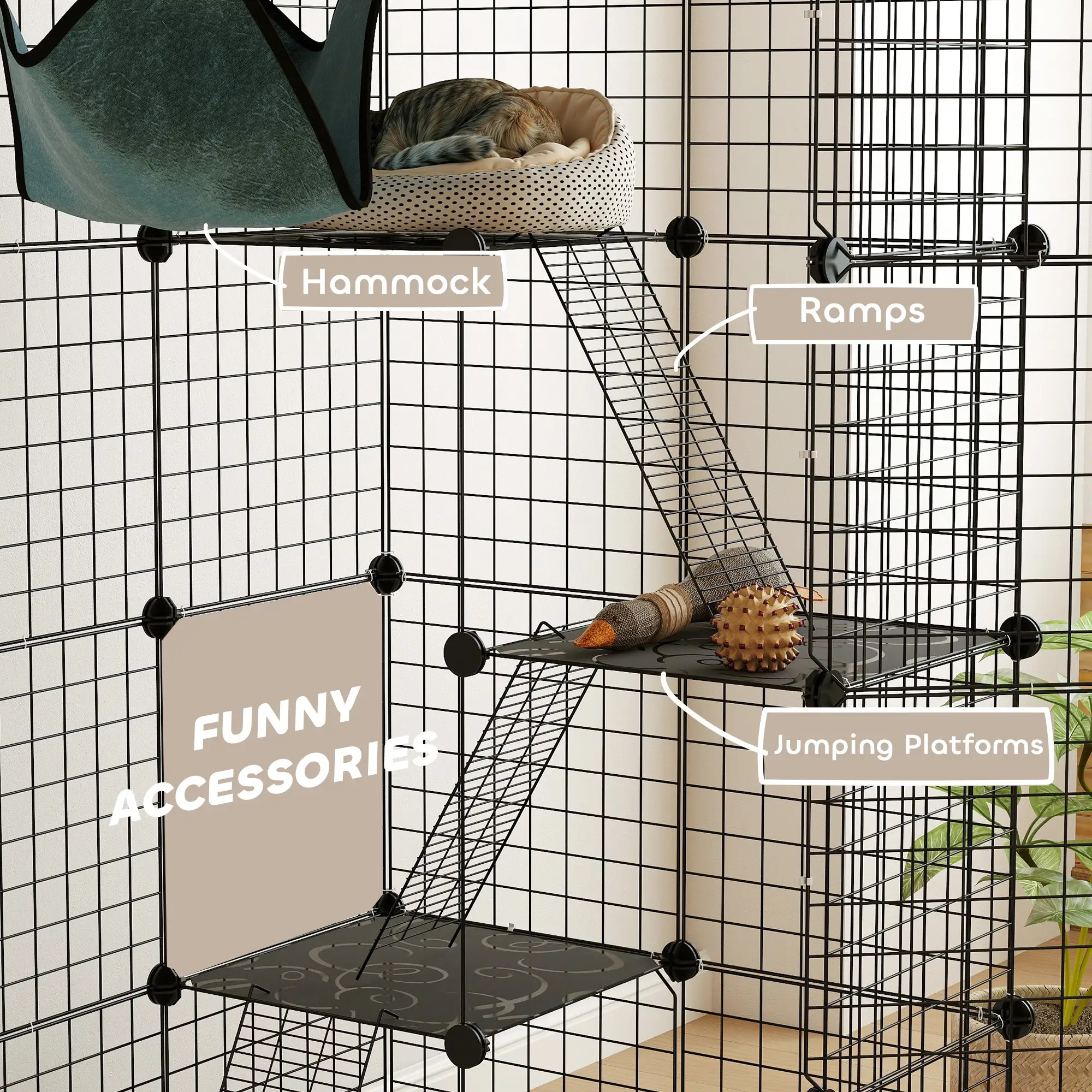 4-Tier Large Cat Cage with Hammock, Platforms, Ramps, Black - Image 7