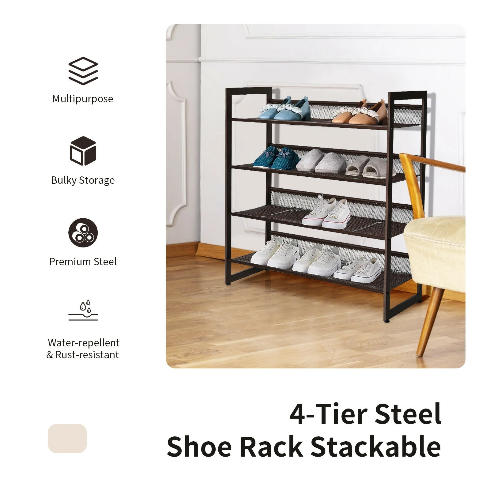 4-Tier Metal Shoe Rack, Flat And Slant Design, Brown - Image 10