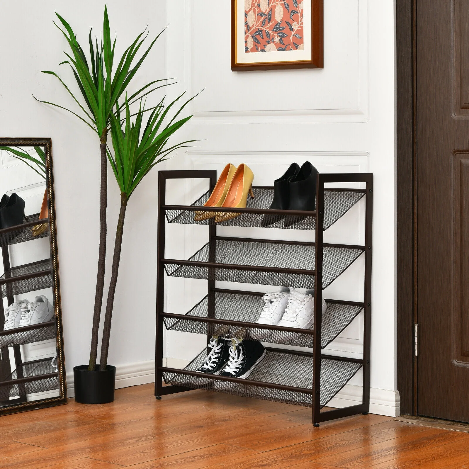 4-Tier Metal Shoe Rack, Flat And Slant Design, Brown - Image 2