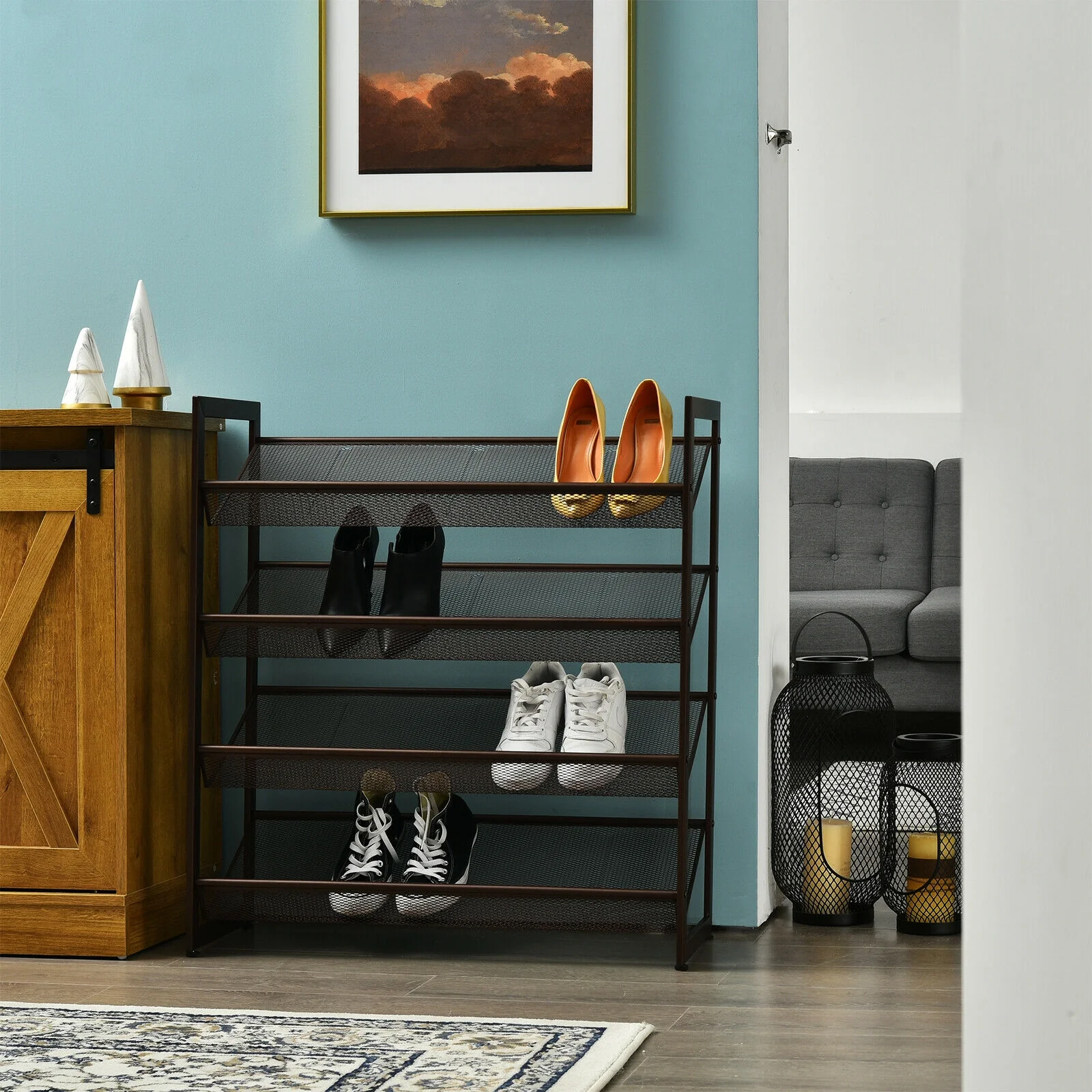 4-Tier Metal Shoe Rack, Flat And Slant Design, Brown - Image 4
