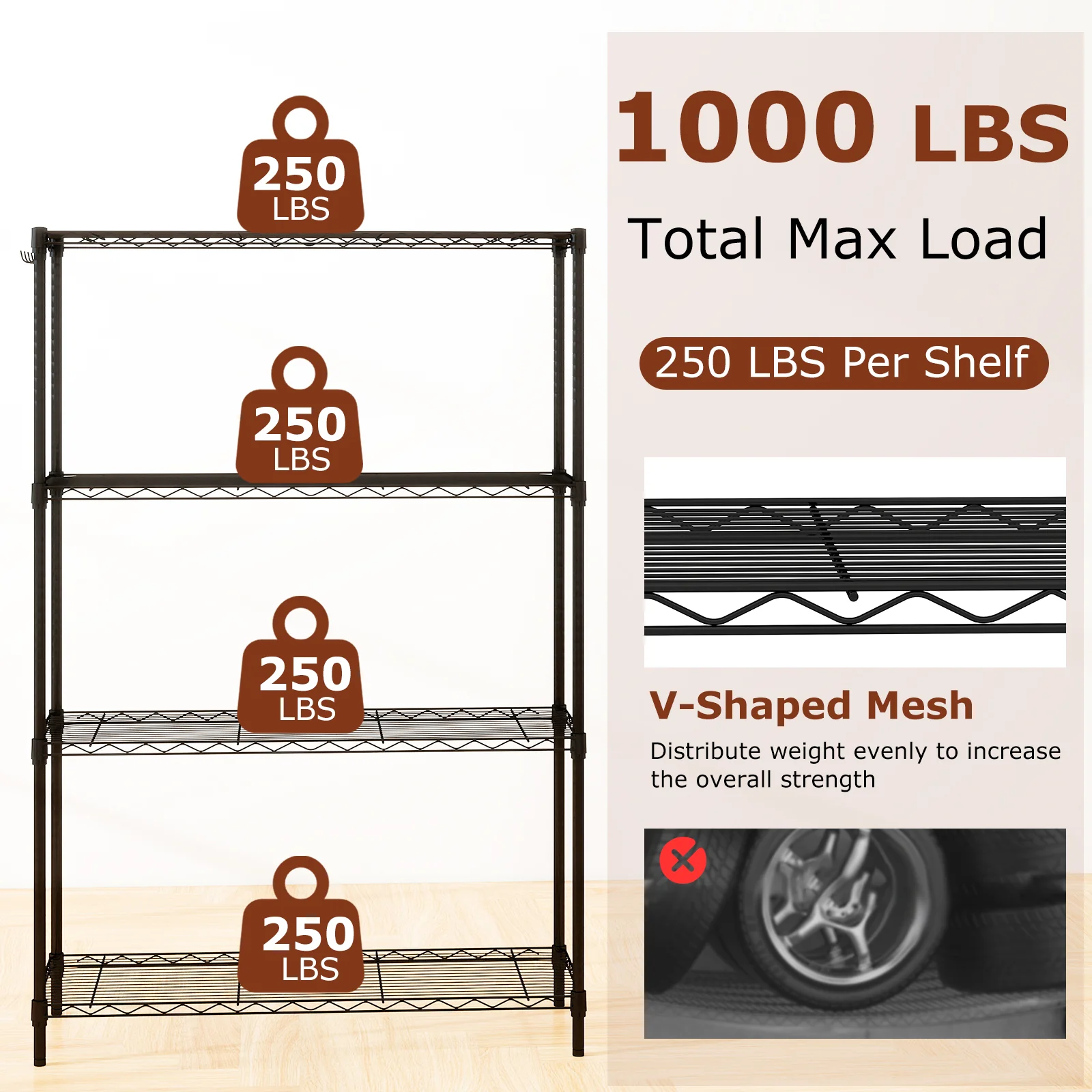 4-Tier Metal Storage Shelving Unit with V-Shaped Wire Rack and 1000 LBS Capacity-DK, Black - Image 7