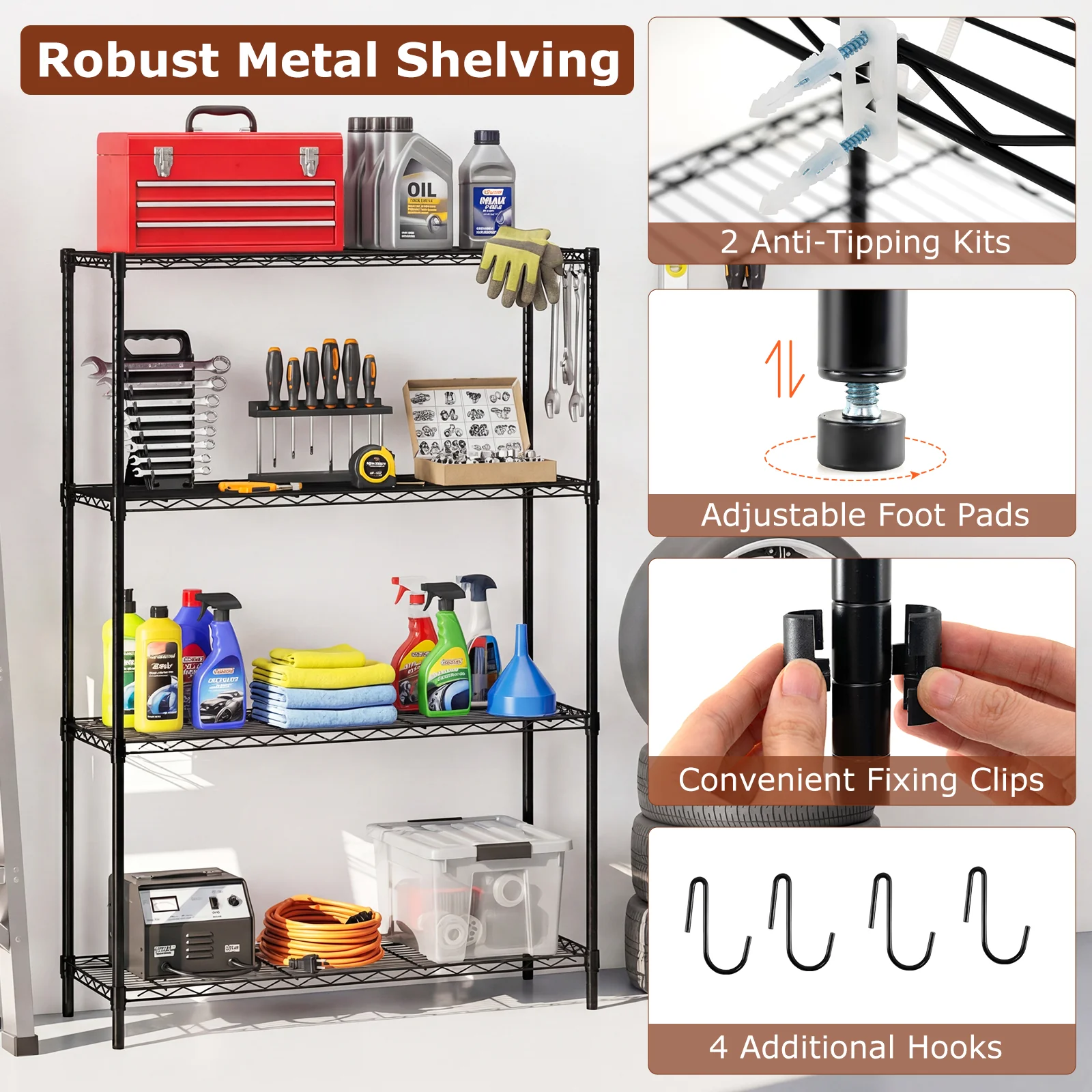 4-Tier Metal Storage Shelving Unit with V-Shaped Wire Rack and 1000 LBS Capacity-DK, Black - Image 9