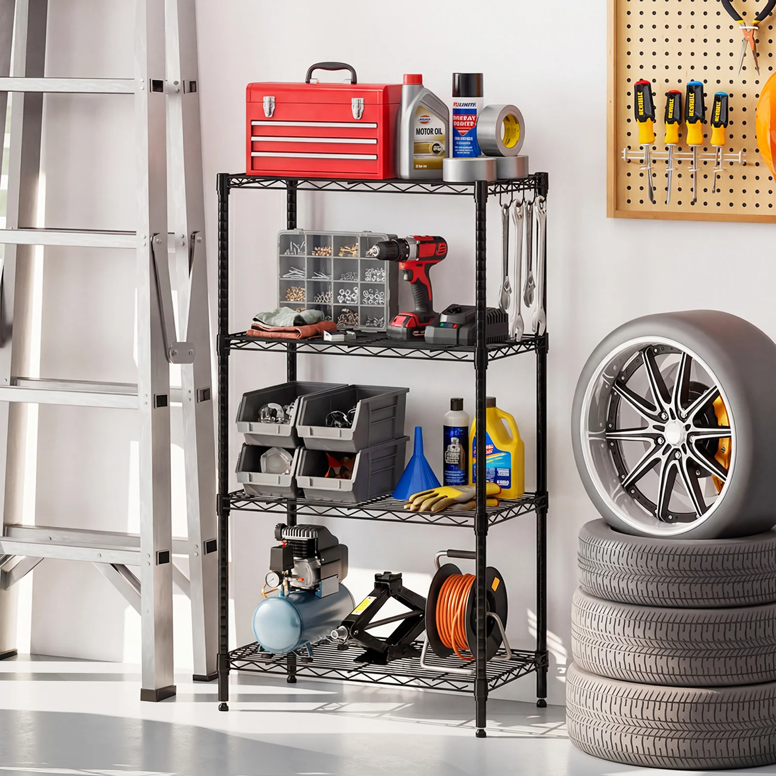 4-Tier Metal Storage Shelving Unit with V-Shaped Wire Rack and 600 LBS Capacity-DK, Black - Image 3