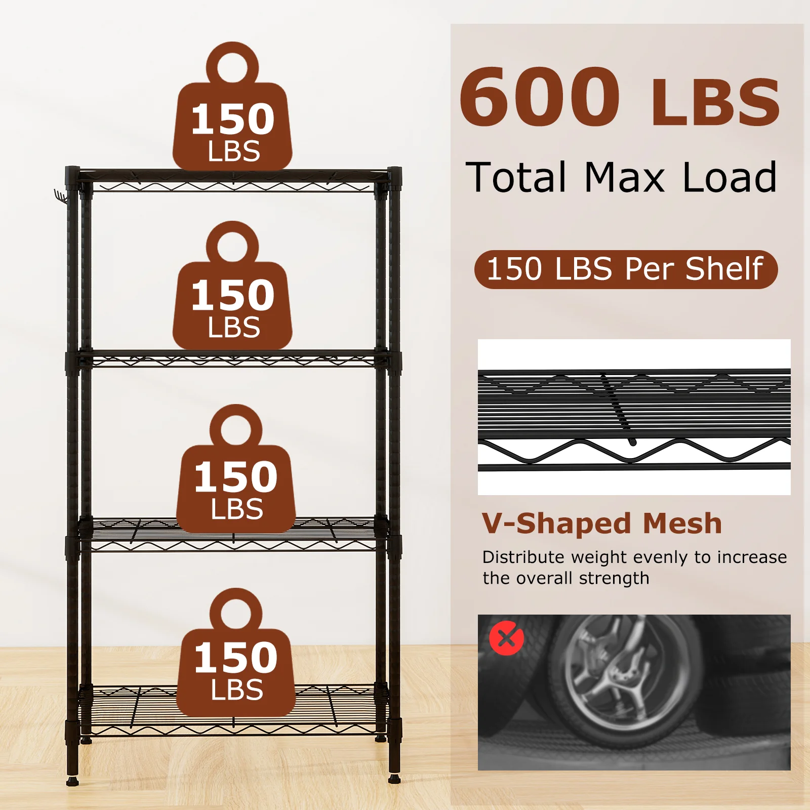 4-Tier Metal Storage Shelving Unit with V-Shaped Wire Rack and 600 LBS Capacity-DK, Black - Image 9