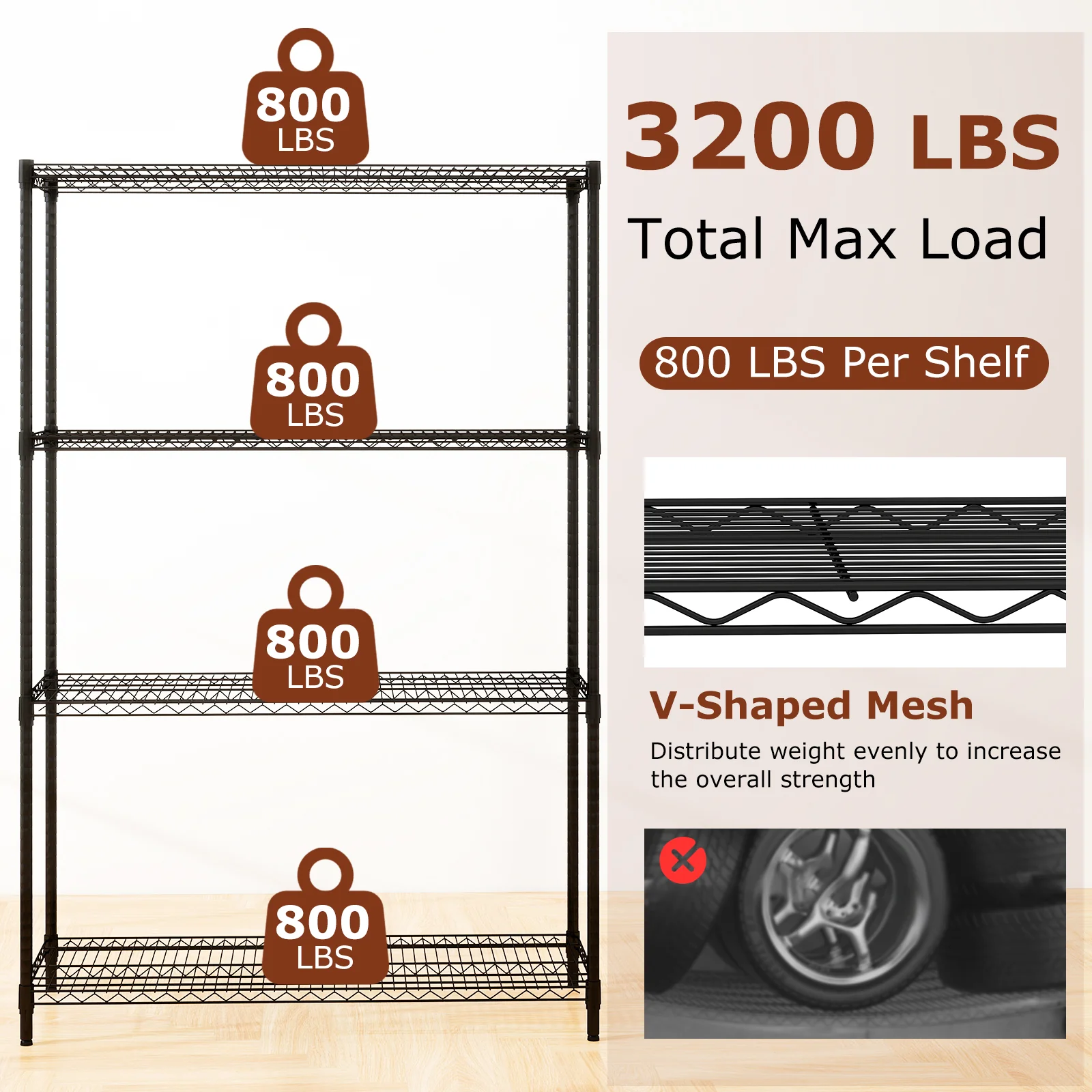 4-Tier Metal Storage Shelving Unit with V-Shaped Wire Rack-DK, Black - Image 7