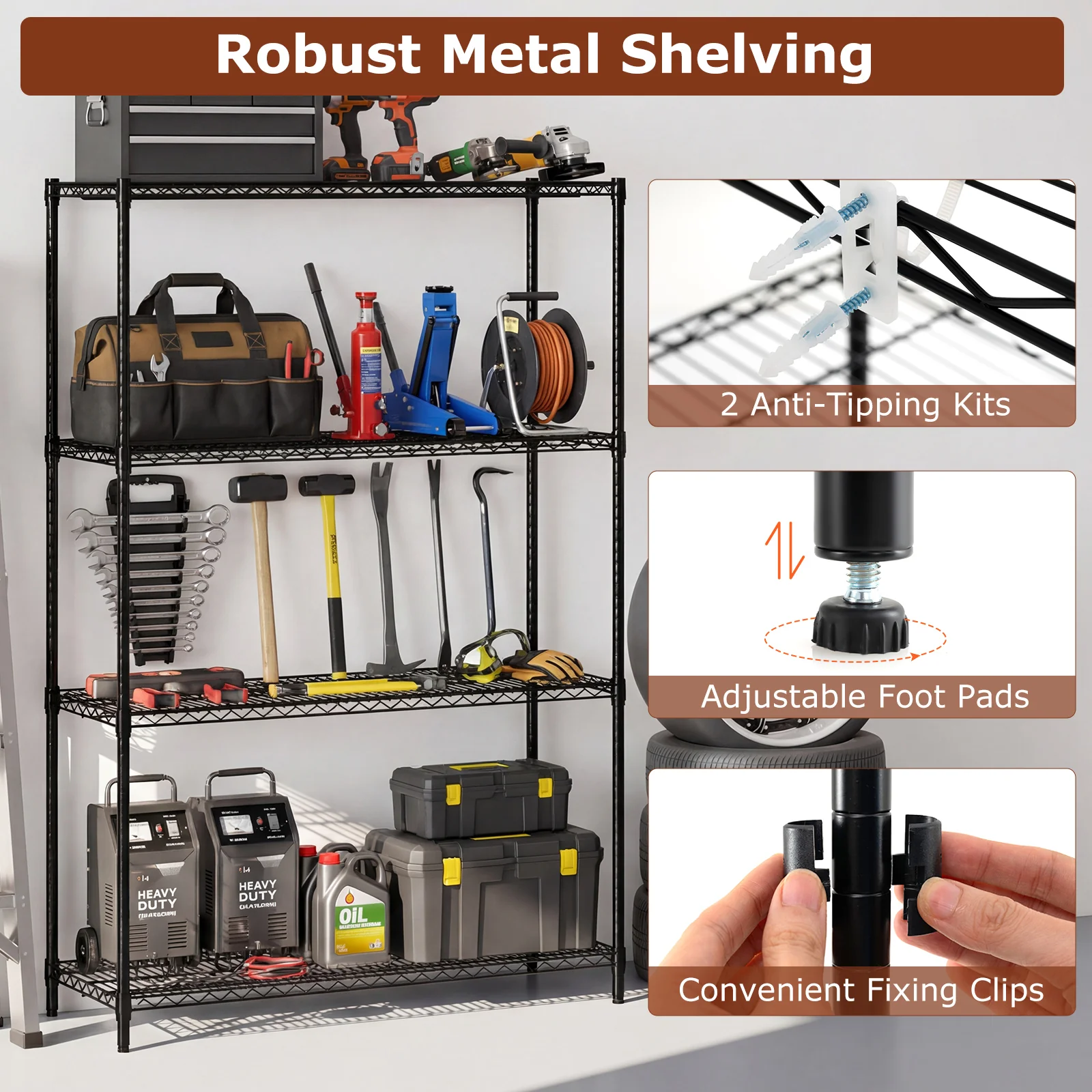 4-Tier Metal Storage Shelving Unit with V-Shaped Wire Rack-DK, Black - Image 9