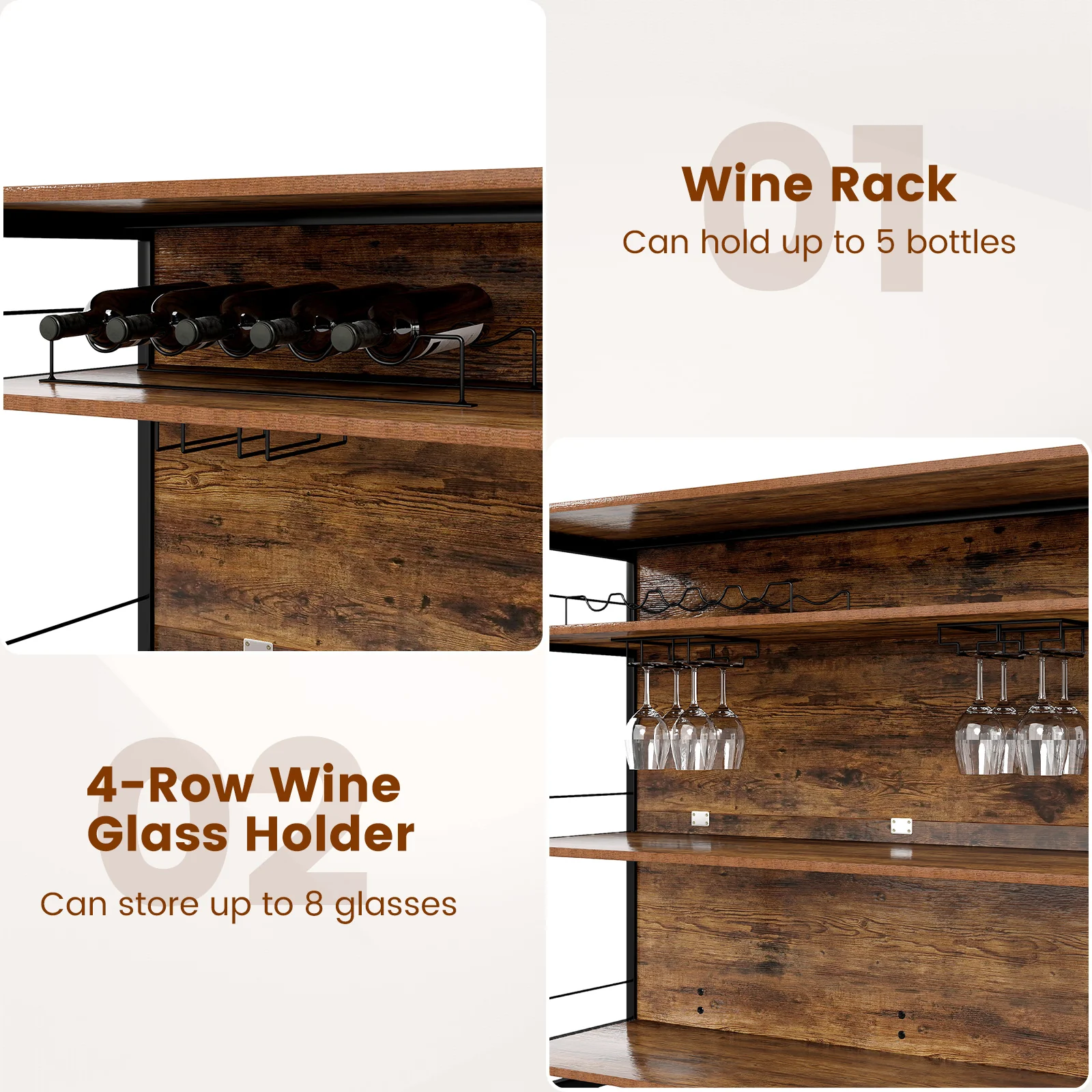 4-Tier Mini Bar Kitchen Island with Footrest and Wine Rack, Coffee - Image 10