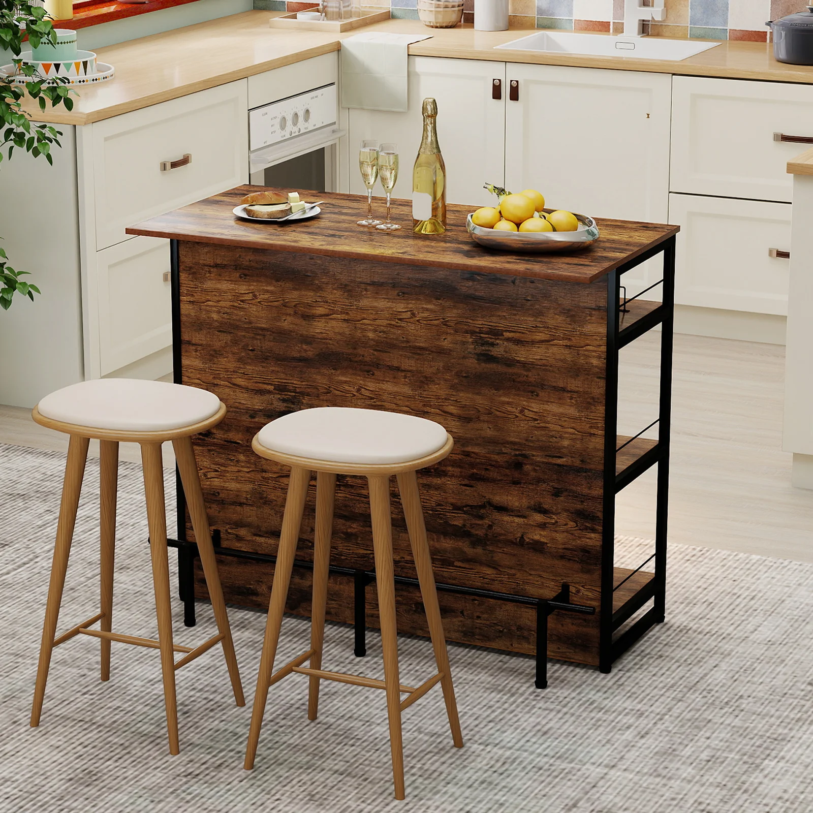 4-Tier Mini Bar Kitchen Island with Footrest and Wine Rack, Coffee - Image 3