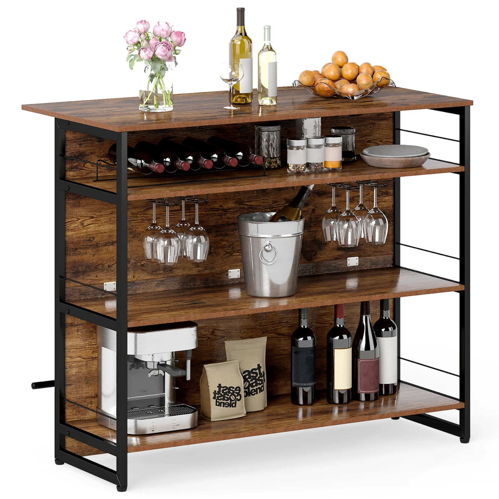 4-Tier Mini Bar Kitchen Island with Footrest and Wine Rack, Coffee - Image 4
