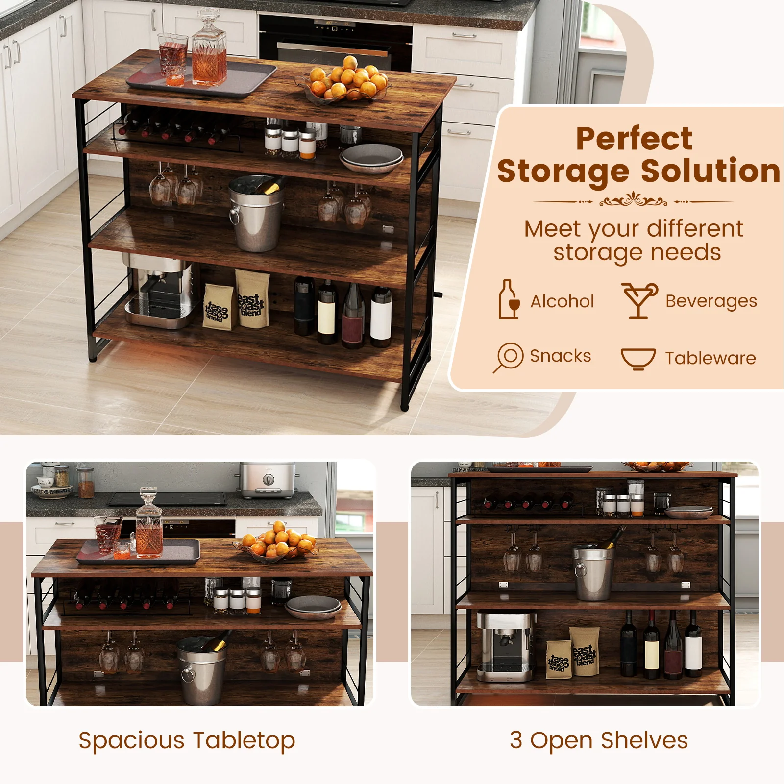 4-Tier Mini Bar Kitchen Island with Footrest and Wine Rack, Coffee - Image 9