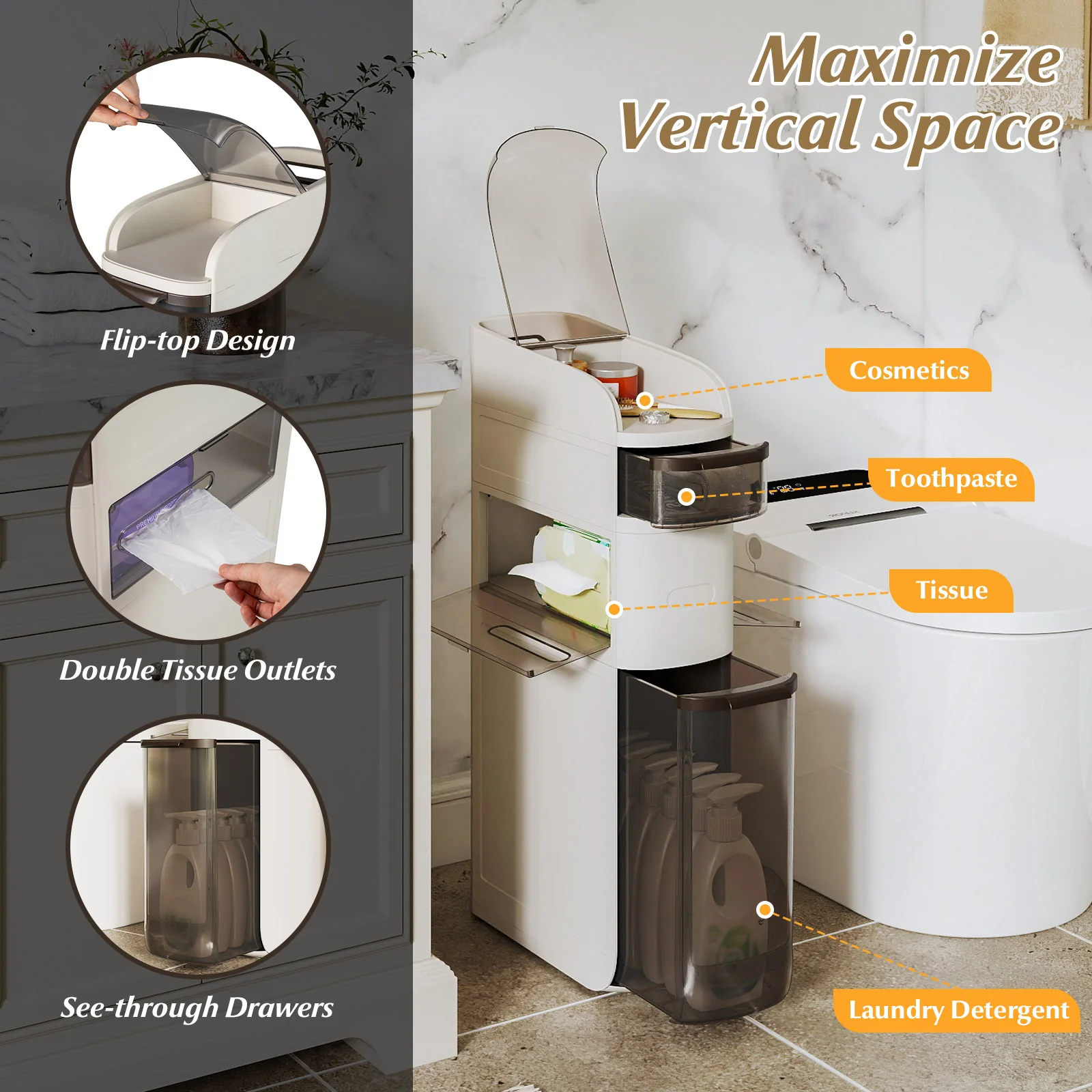 4-Tier Narrow Bathroom Storage Cabinet With Drawers, Tissue Box - Image 9