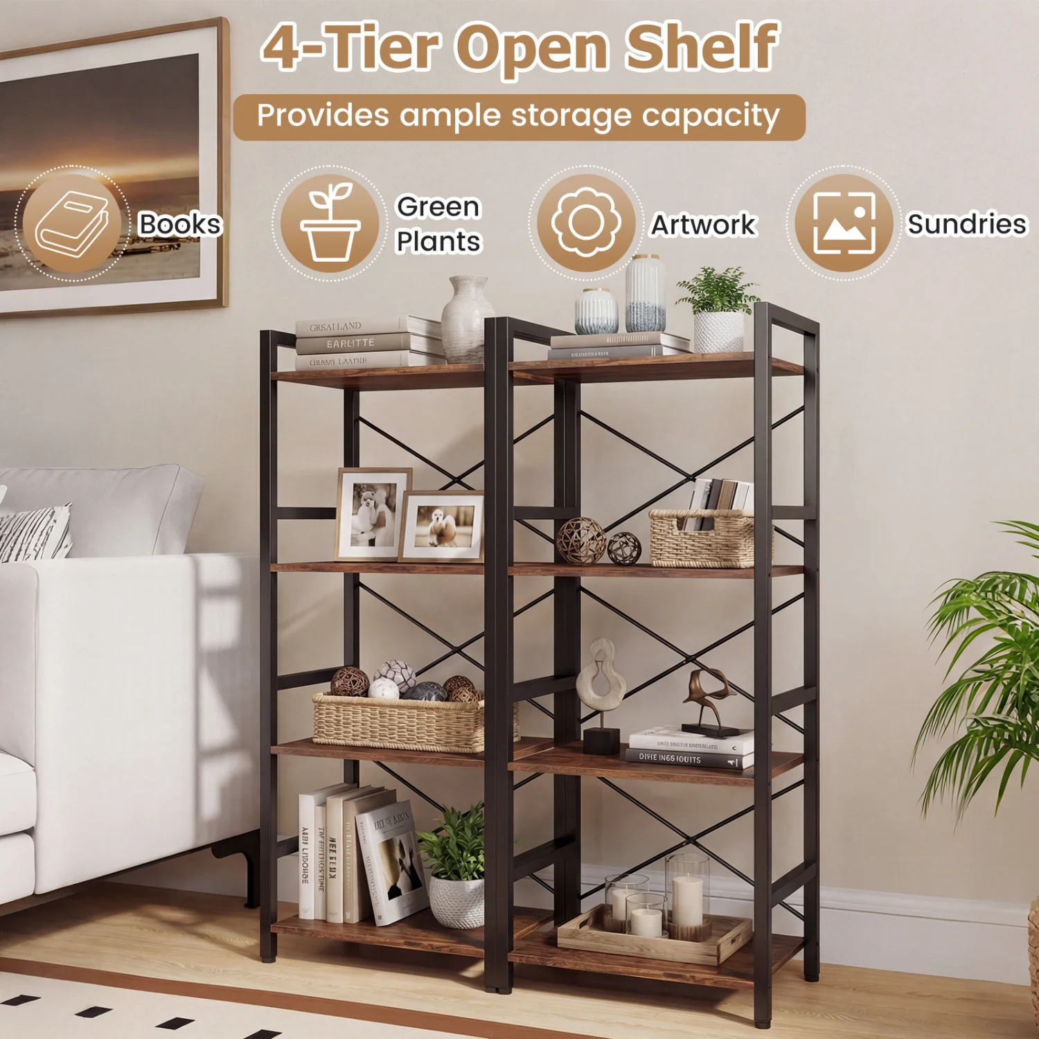 4-Tier Narrow Bookshelf, Freestanding, Metal Frame, Rustic Brown - Image 5