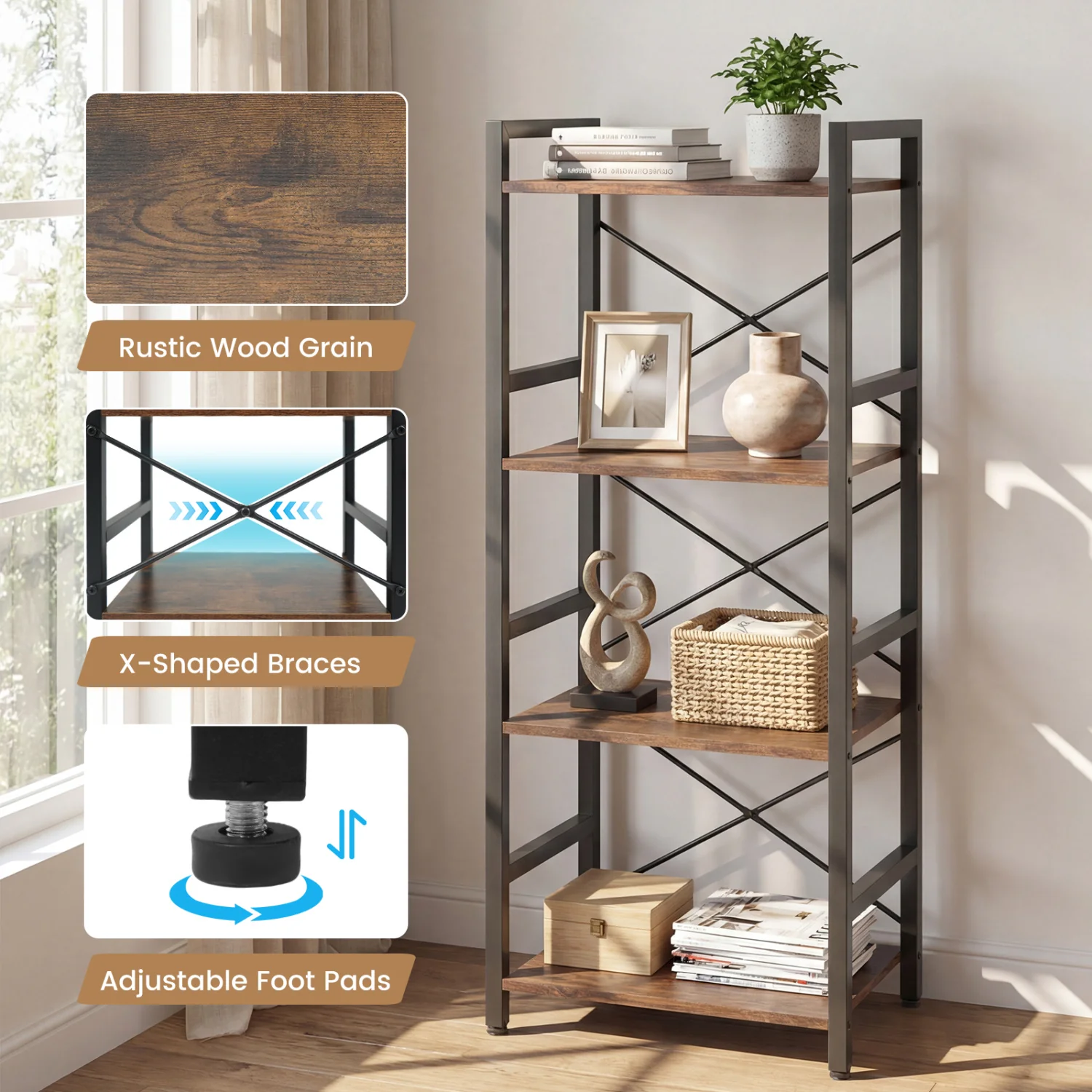 4-Tier Narrow Bookshelf, Freestanding, Metal Frame, Rustic Brown - Image 7