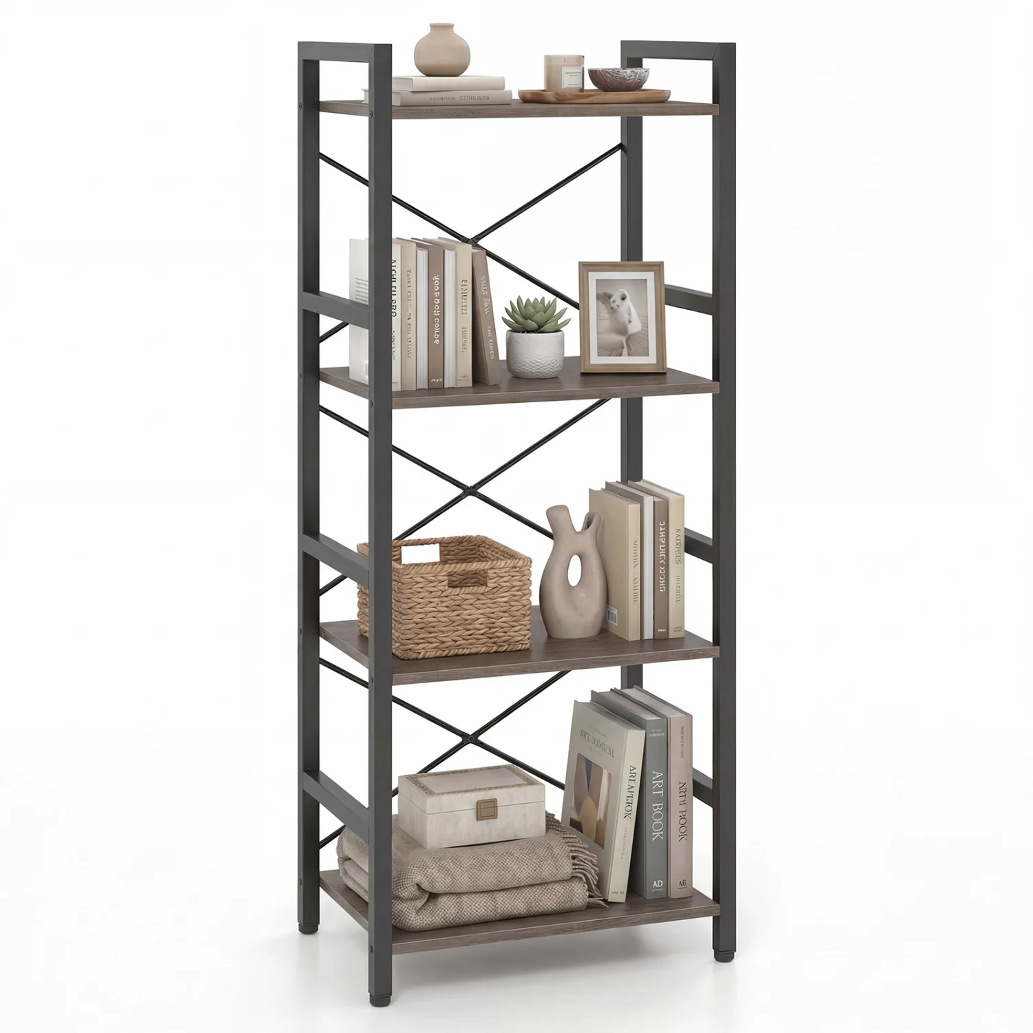 4-Tier Narrow Bookshelf with Metal Frame, Oak