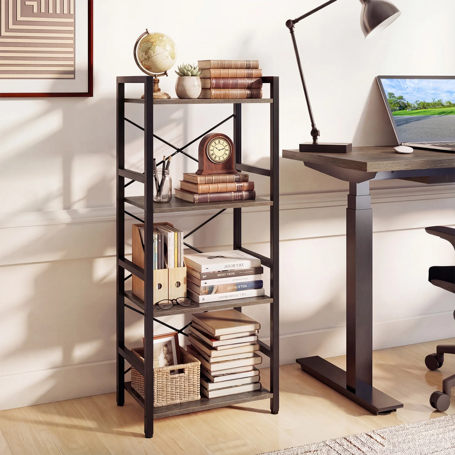 4-Tier Narrow Bookshelf with Metal Frame, Oak - Image 2