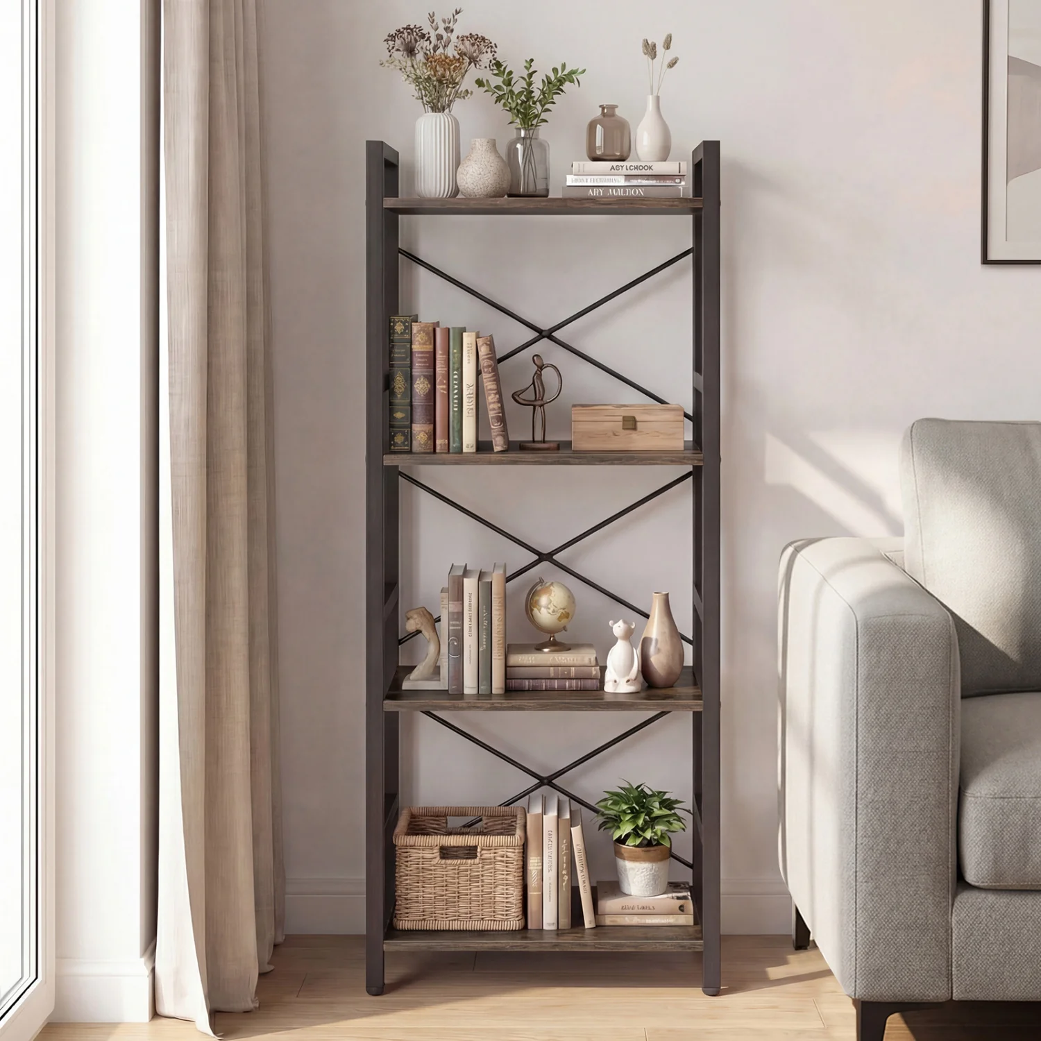 4-Tier Narrow Bookshelf with Metal Frame, Oak - Image 3