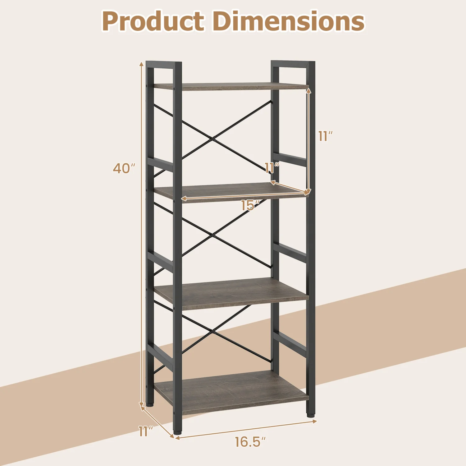 4-Tier Narrow Bookshelf with Metal Frame, Oak - Image 4