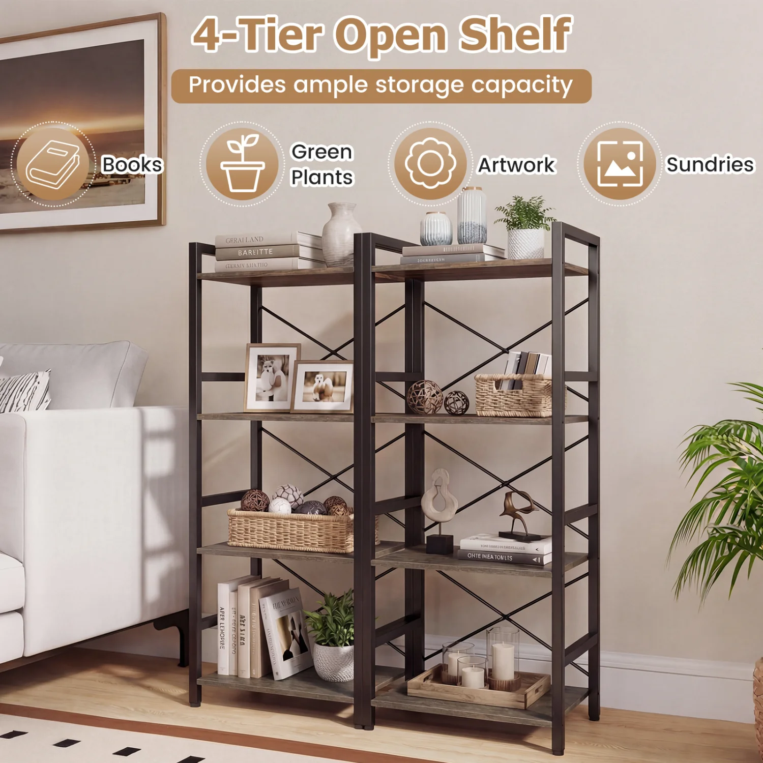 4-Tier Narrow Bookshelf with Metal Frame, Oak - Image 5