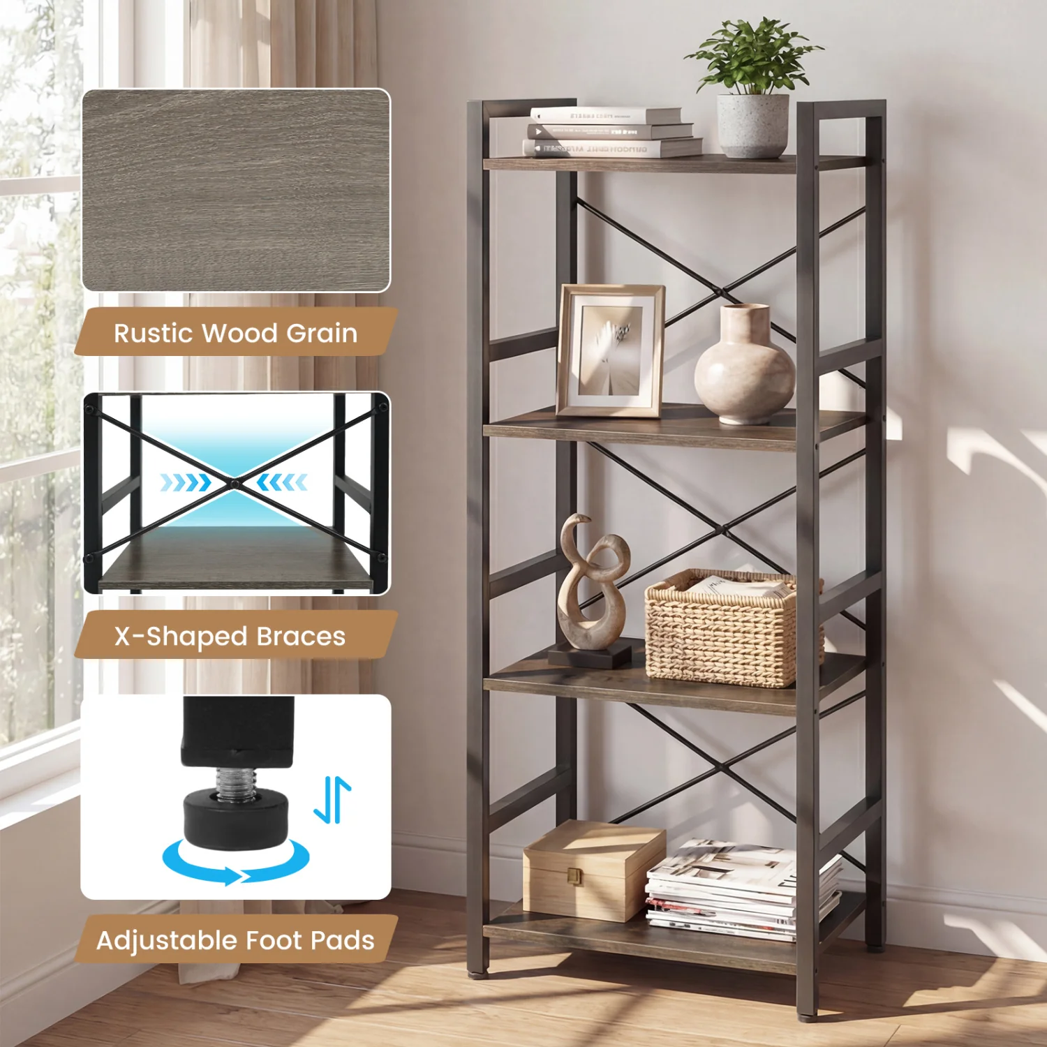 4-Tier Narrow Bookshelf with Metal Frame, Oak - Image 7