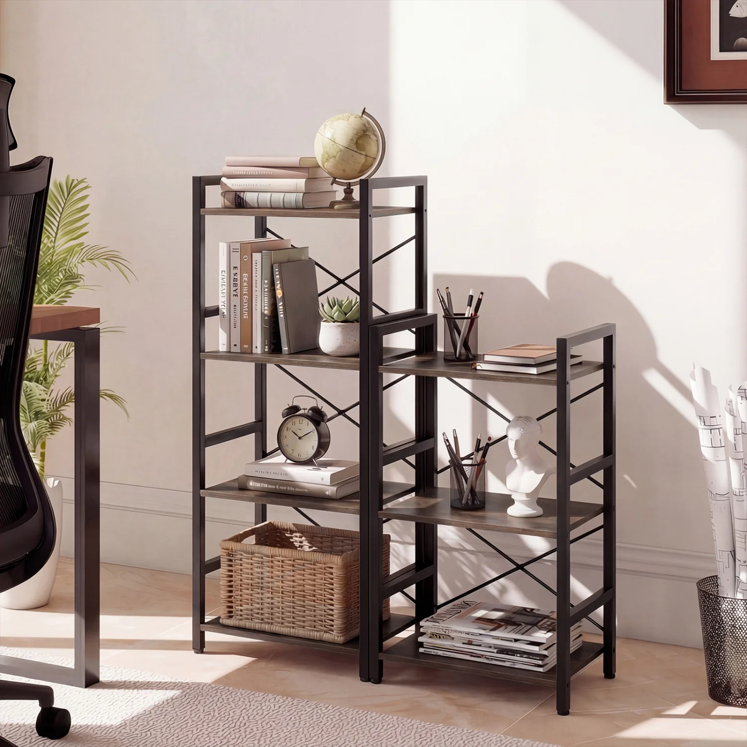4-Tier Narrow Bookshelf with Metal Frame, Oak - Image 8
