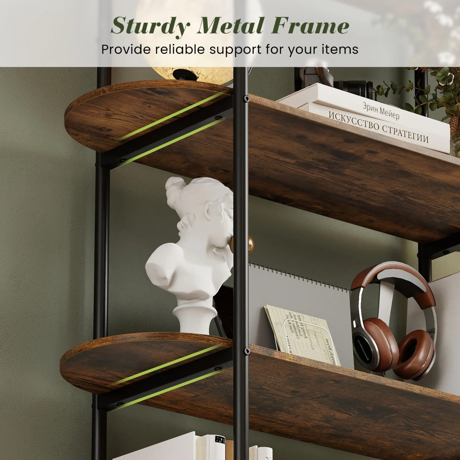4-Tier Open Bookcase with Sturdy Metal Frame for Living Room-CF, Rustic Brown - Image 10